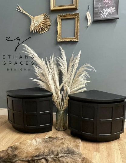 Stunning pro spray painted black Nathan teak corner cupboards bedside tables