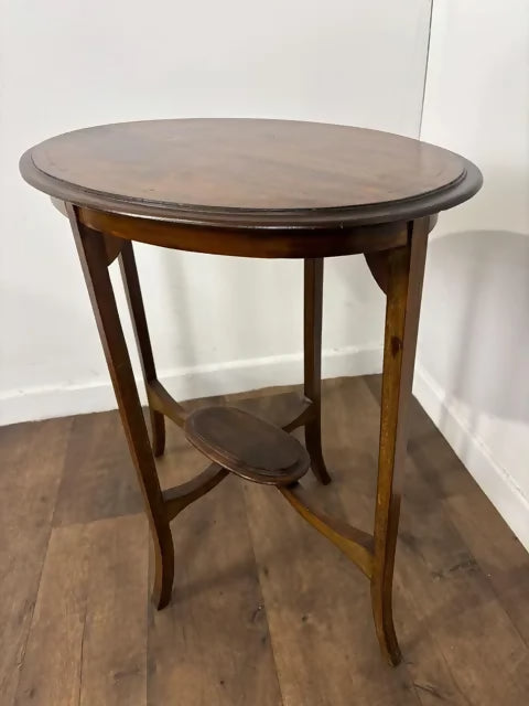 Edwardian Oval Mahogany Inlaid Occasional Table with Inlaid Stretcher Base