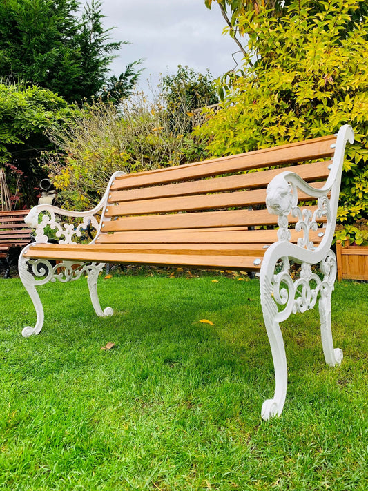 Antique Cast Iron Lions Head Bench Finished with European Oiled White Oak Slats
