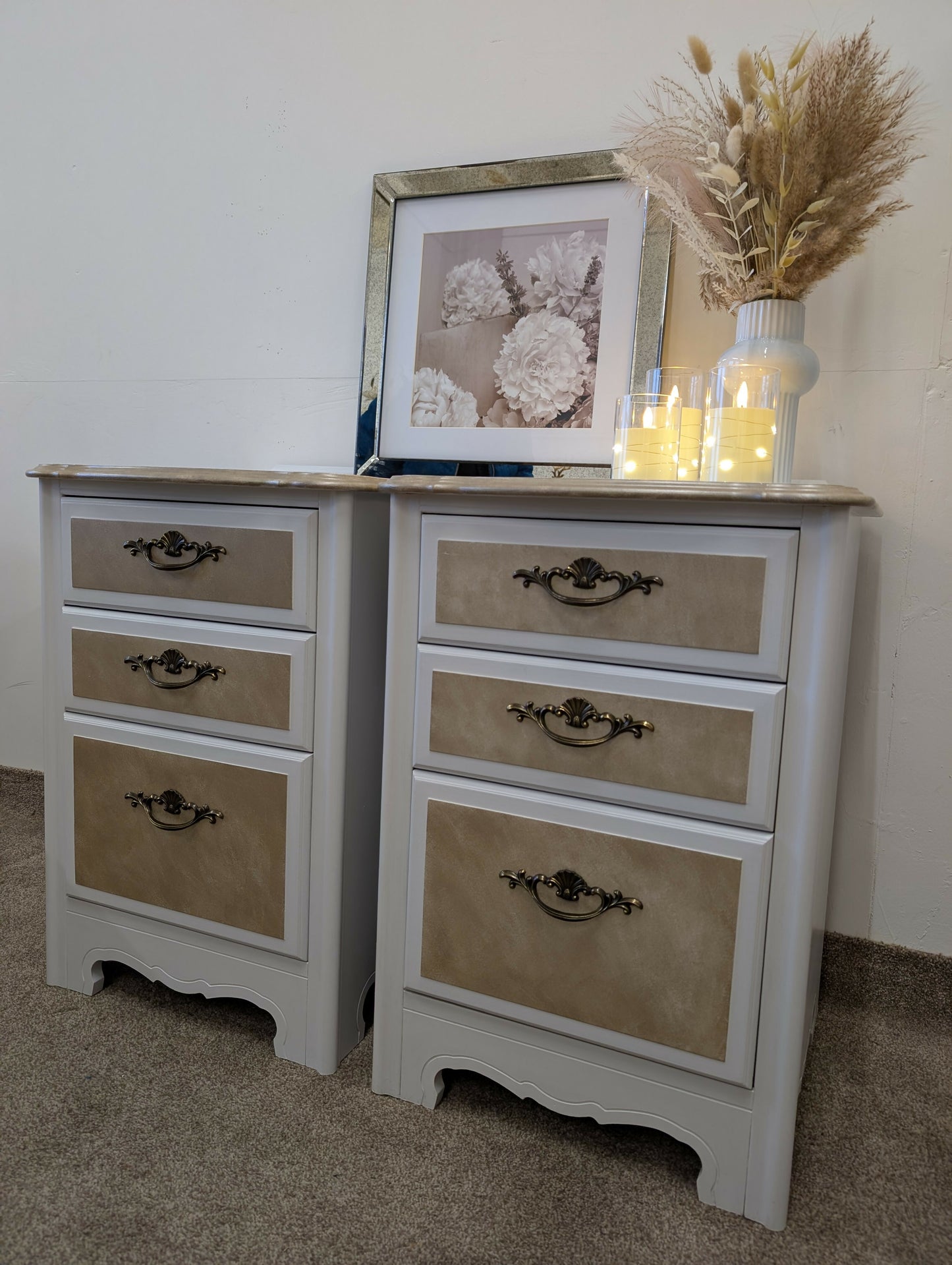 Pair of Vintage Bedside Cabinets in White with Metallic Champagne Detailing