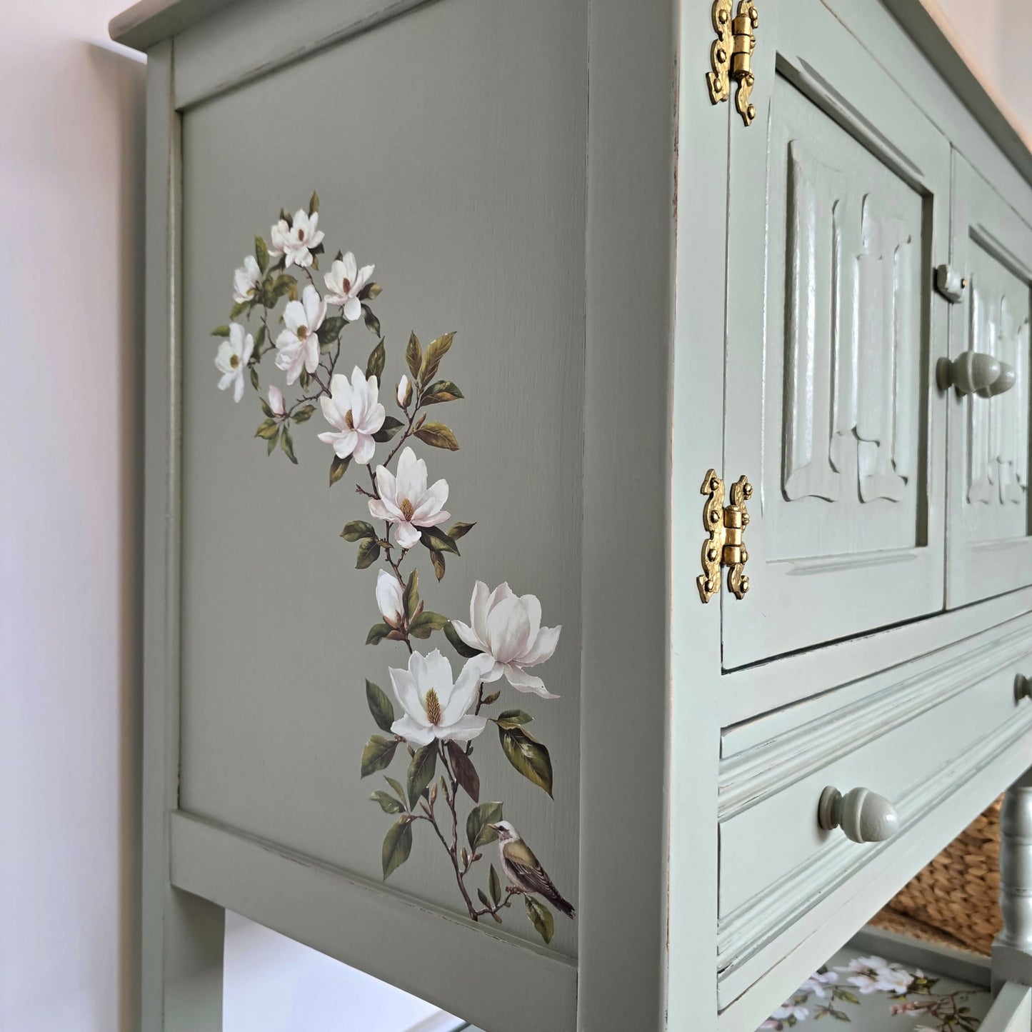 Upcycled Vintage Jaycee Linenfold Oak Sideboard, Cabinet in Sage Green