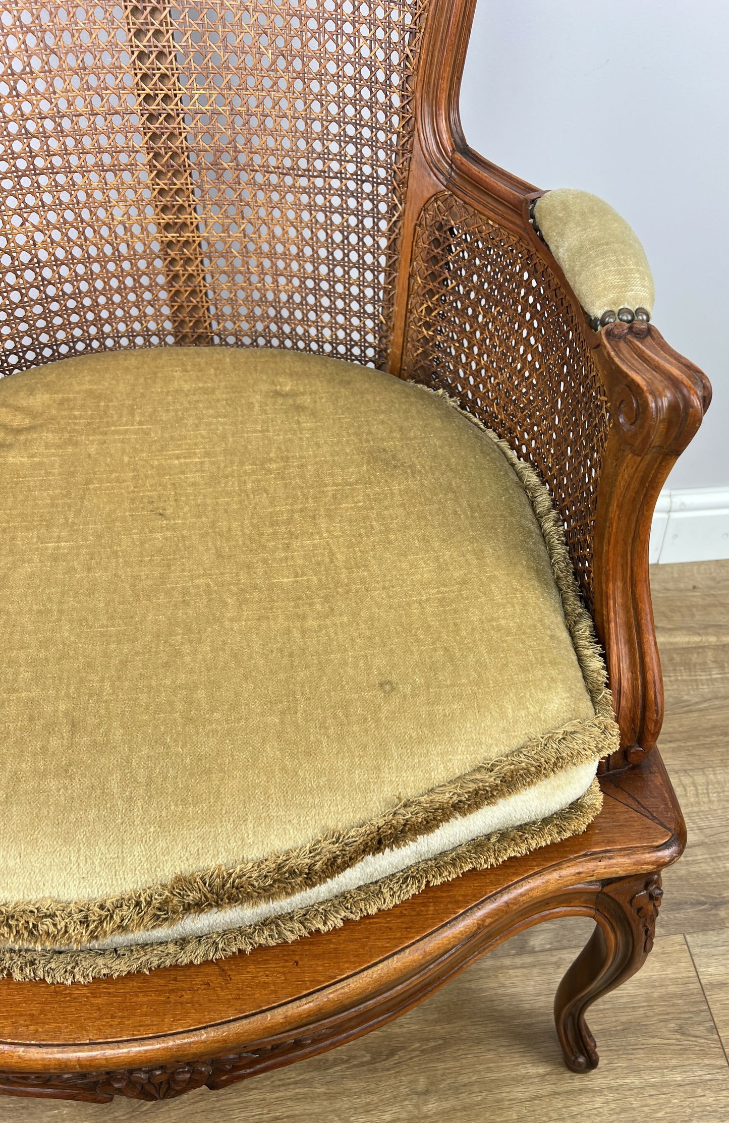 Armchair Vintage French Style Cane Upholstered Accent Carved Chair LOT 6311