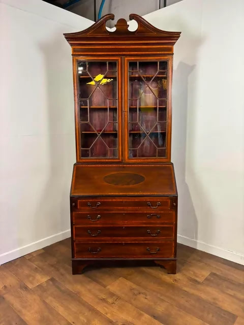 Edwardian Sheraton Style Inlaid Mahogany Bureau Bookcase