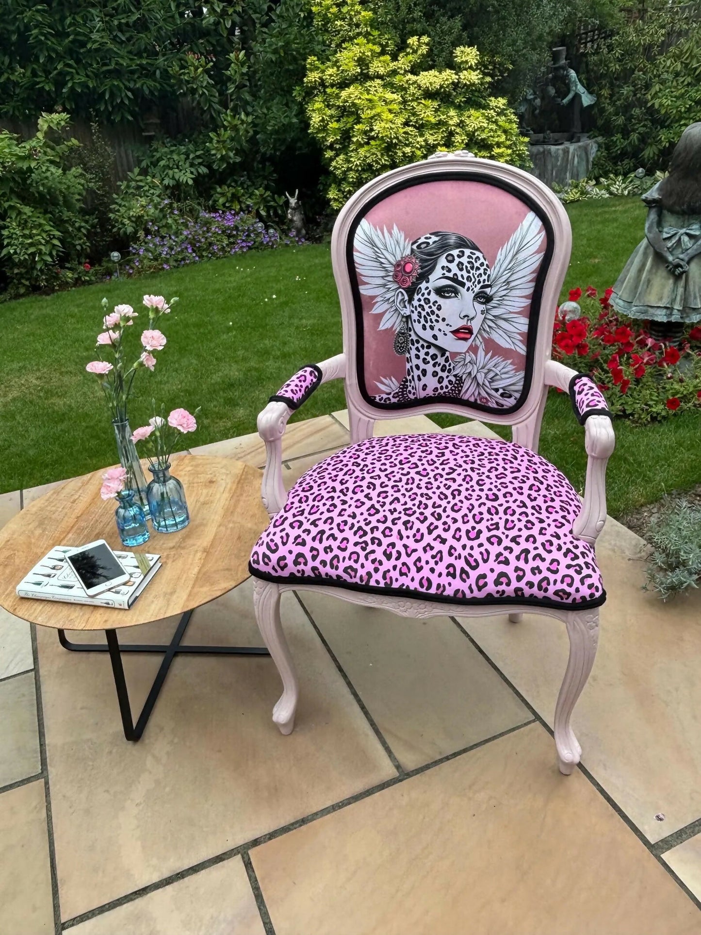 Bespoke Bold Upholstered Statement Chair – Pink Leopard Print & Designer Art Backrest