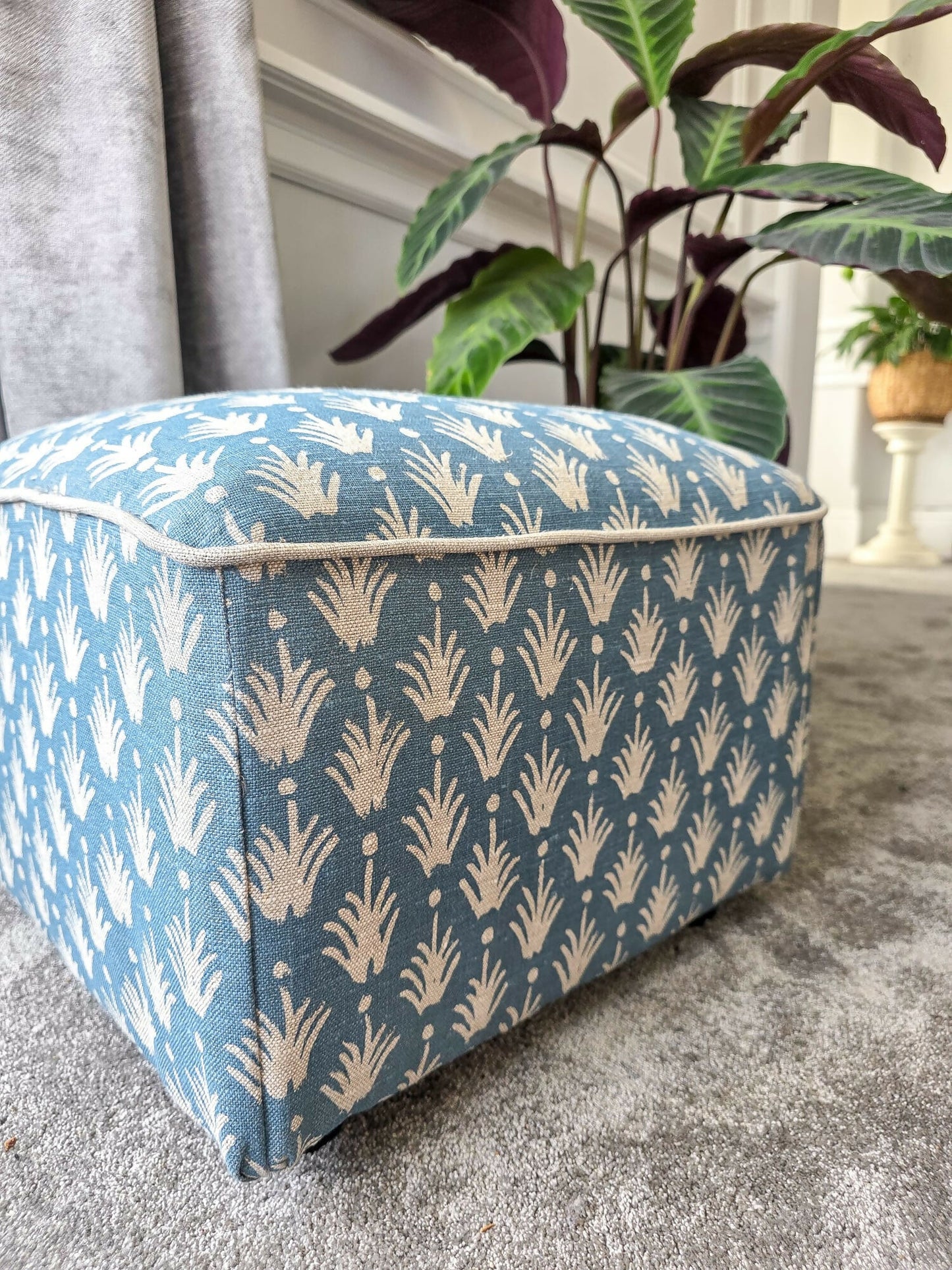 Footstool Pouffe Ottoman square on 4 feet Reupholstered in a High End Belgium Linen