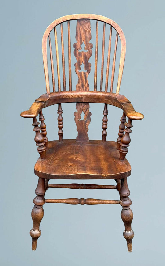 High Back Elm Broad Arm Windsor Chair
