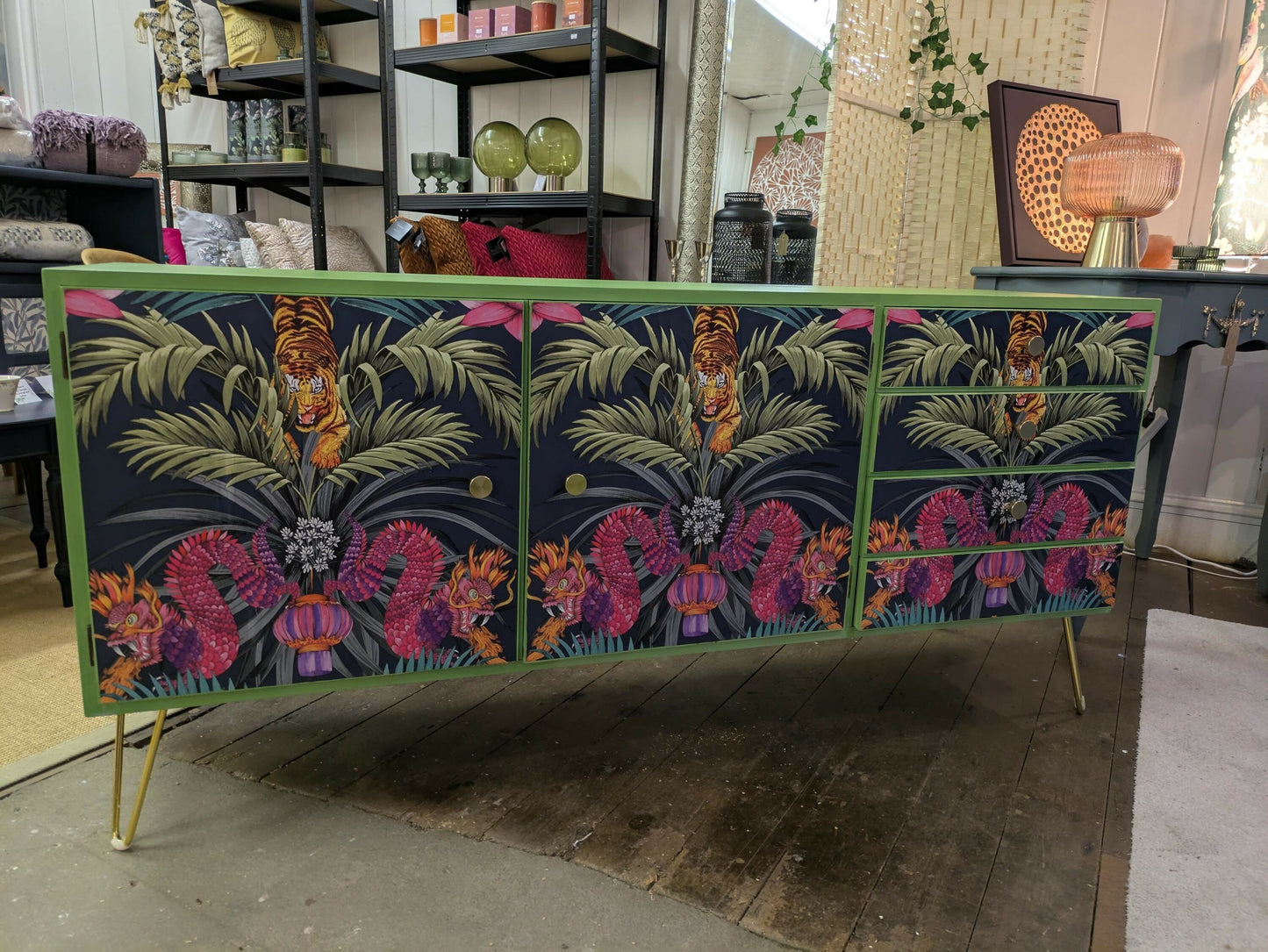 Mid century Sideboard or Cocktail cabinet. Upcycled Painted Blue, Oriental Dragons Commission Piece