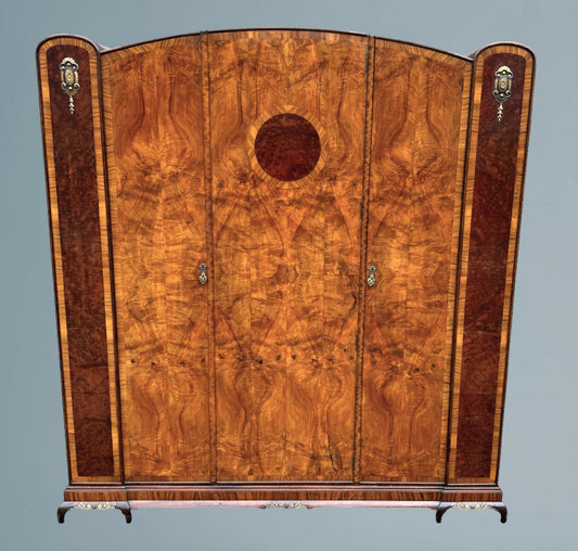 Good Quality Art Deco Burr Walnut Triple Door Wardrobe With Ormolu Mounts