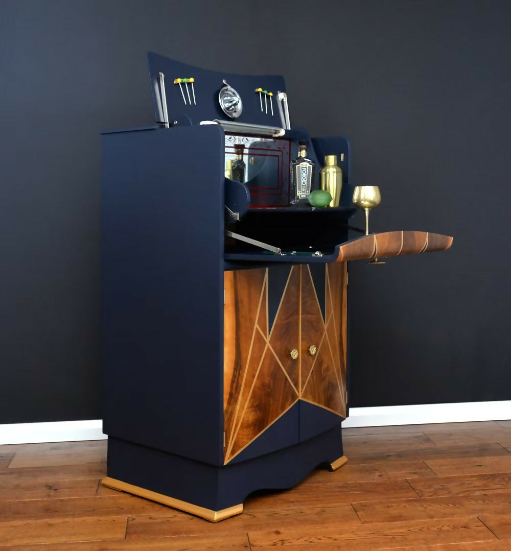 "Stellar", Art Deco Cocktail Cabinet,Burr Walnut, Navy and Gold Art Deco Style,