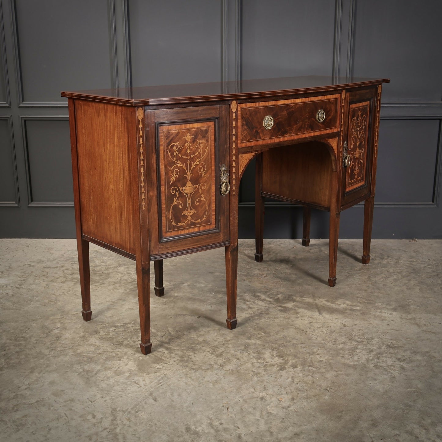 Marquetry Inlaid Mahogany Bow Front Antique Sideboard