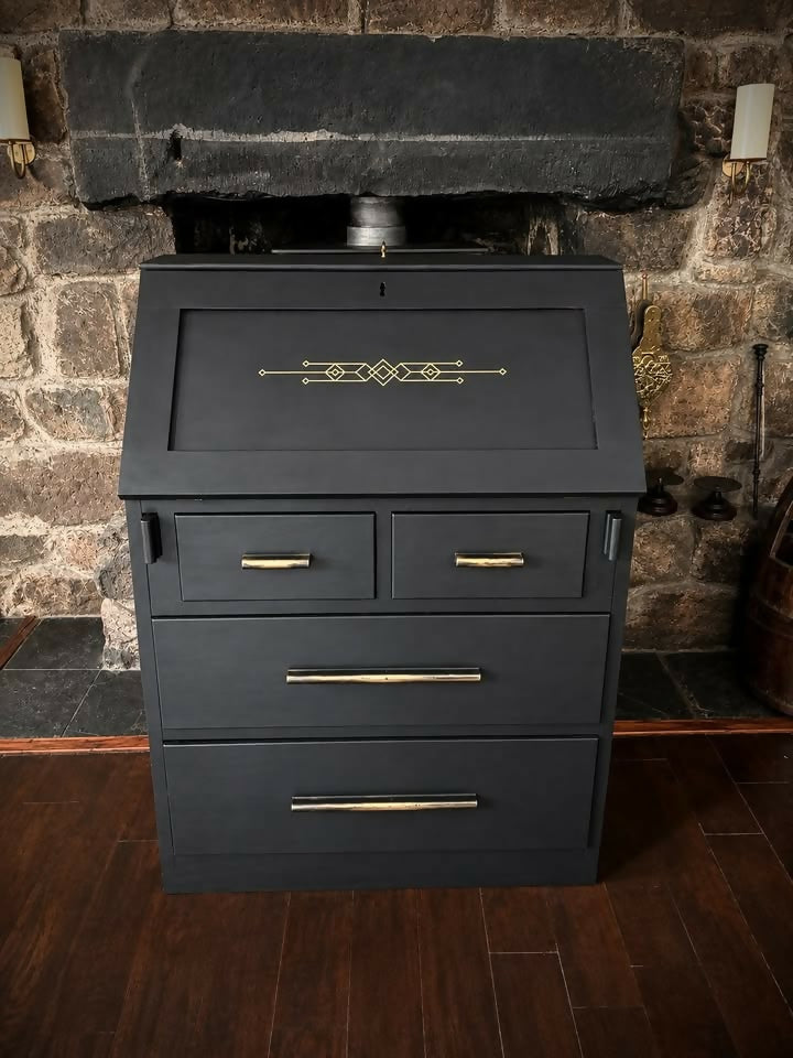 Art Deco Writing Bureau Black & Gold Secretary Desk