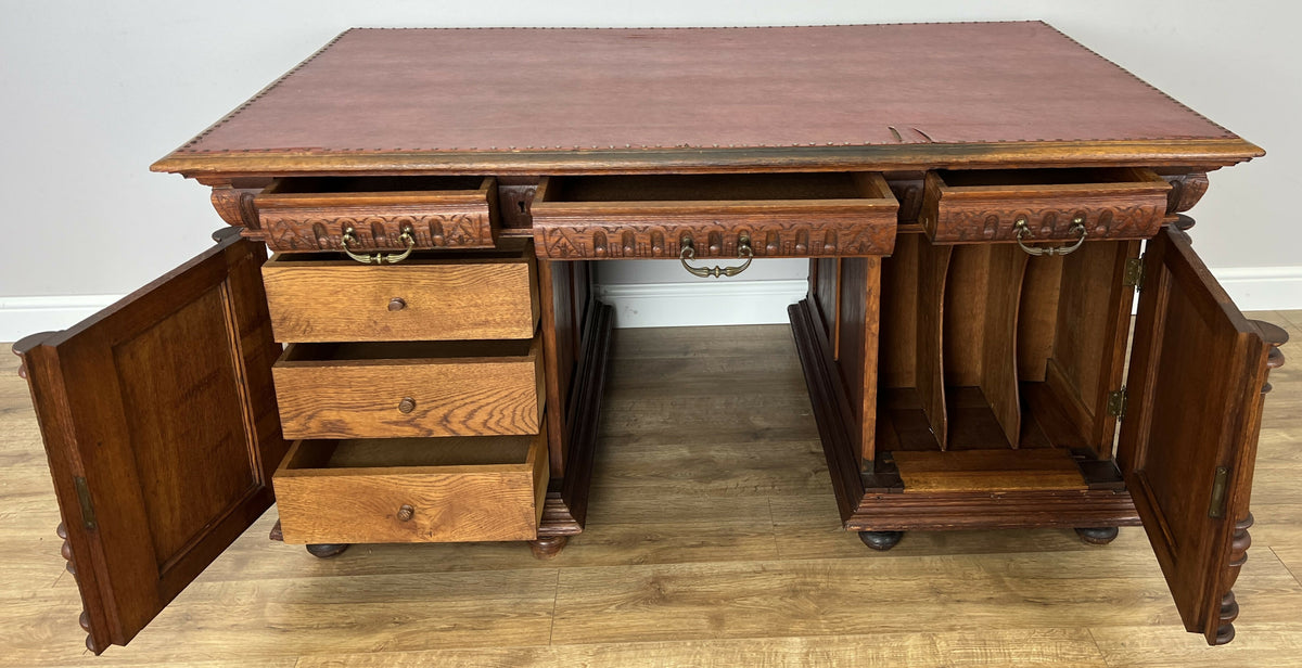 Desk Antique French Style Oak Double Sided Carved Pedestal Desk LOT 6514