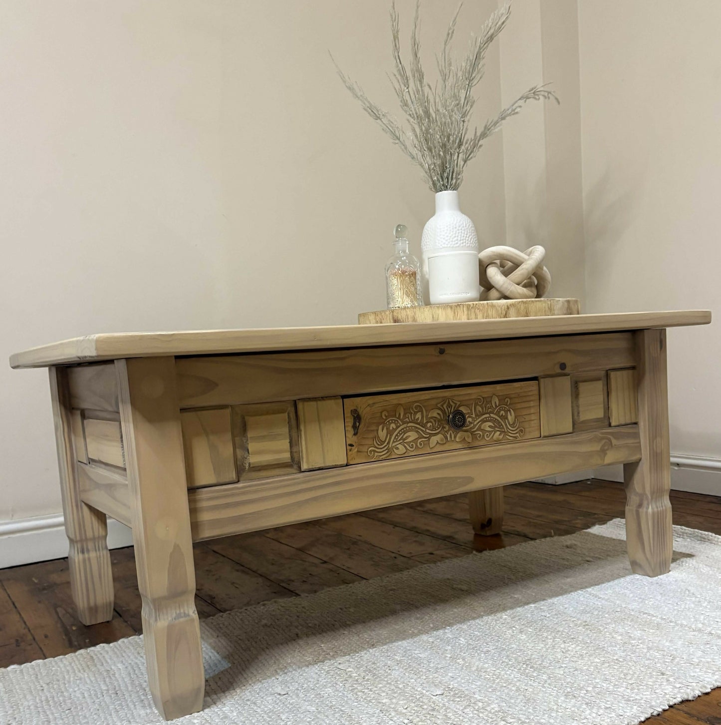 Unique Light Wash Pine Coffee Table