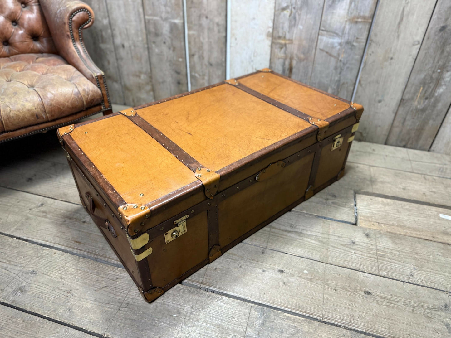 XL Tan Leather English Coffee Table Trunk