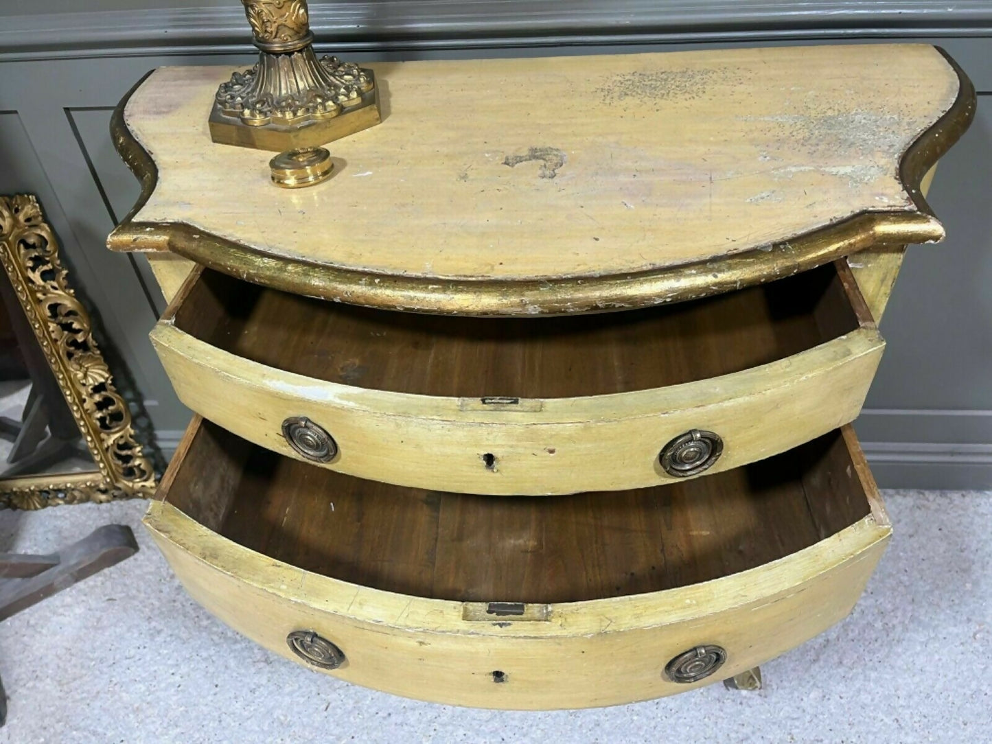 Vintage Yellow Painted Chest Of Drawers Italian Origin Gilded Banding Late 1890’s