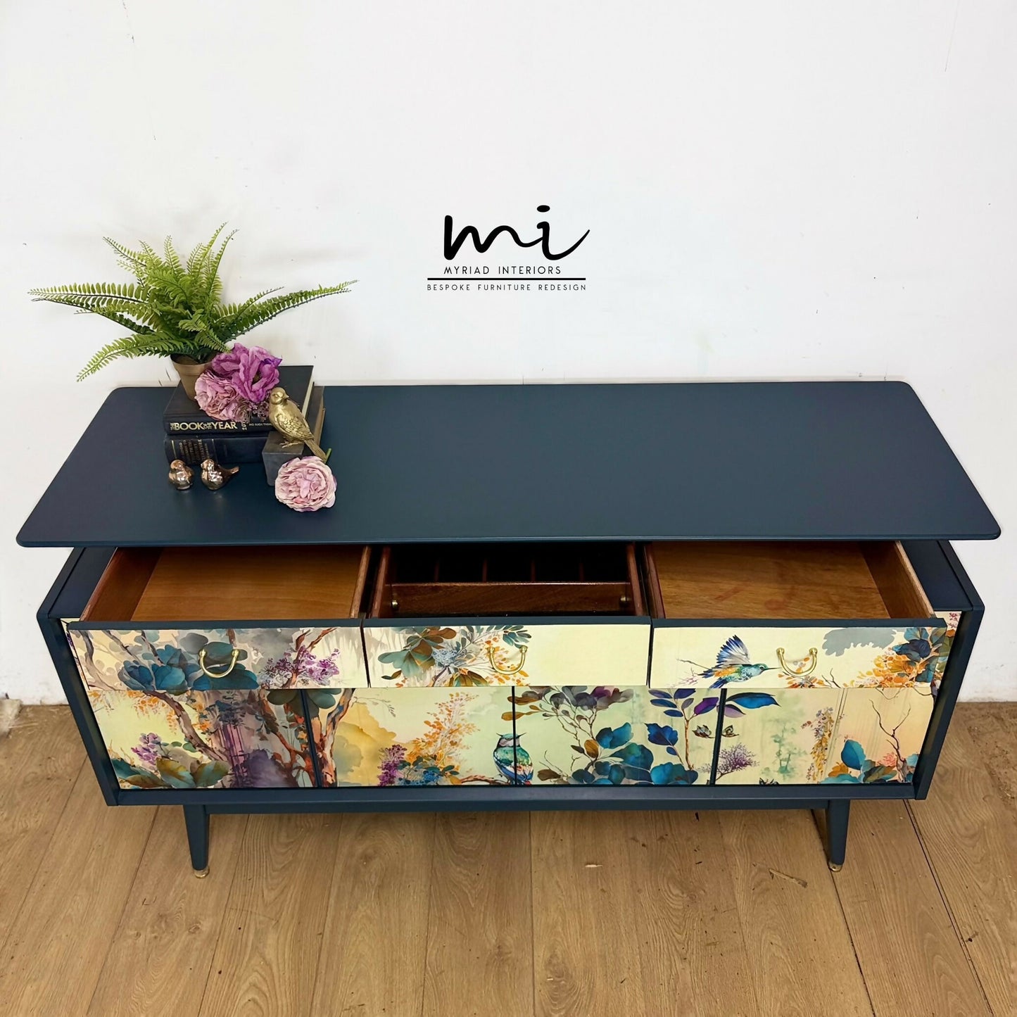 Refinished G Plan sideboard in deep blue with pretty floral and botanical, e Gomme, Tola, deep teal, maximalist, tv stand, cocktail cabinet