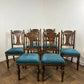 Set of Six Edwardian Carved Oak Dining Chairs –with Teal Upholstery
