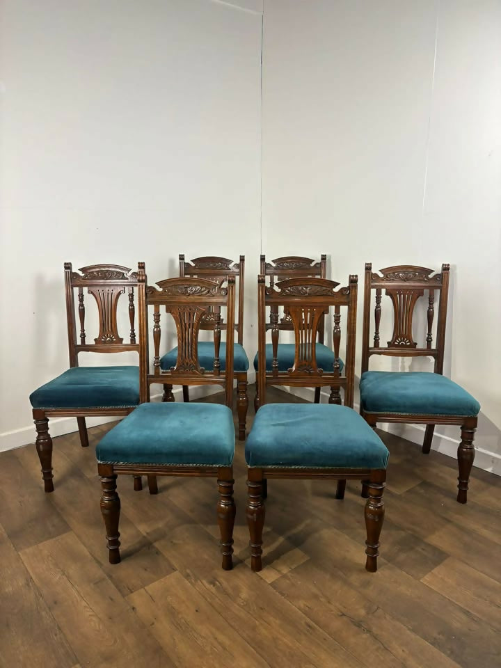 Set of Six Edwardian Carved Oak Dining Chairs –with Teal Upholstery