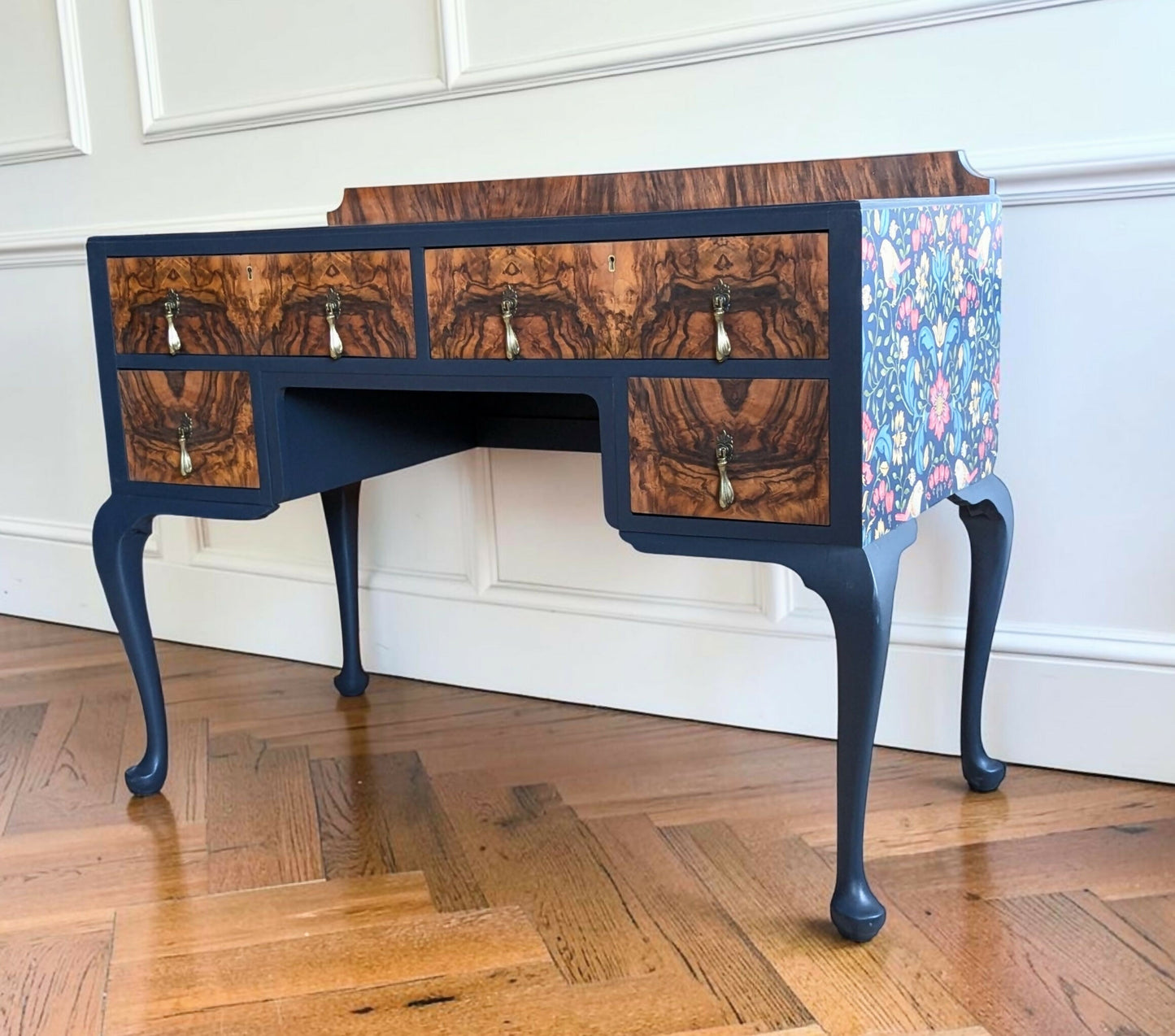 Vintage art deco navy blue walnut burr wood desk/ dressing table