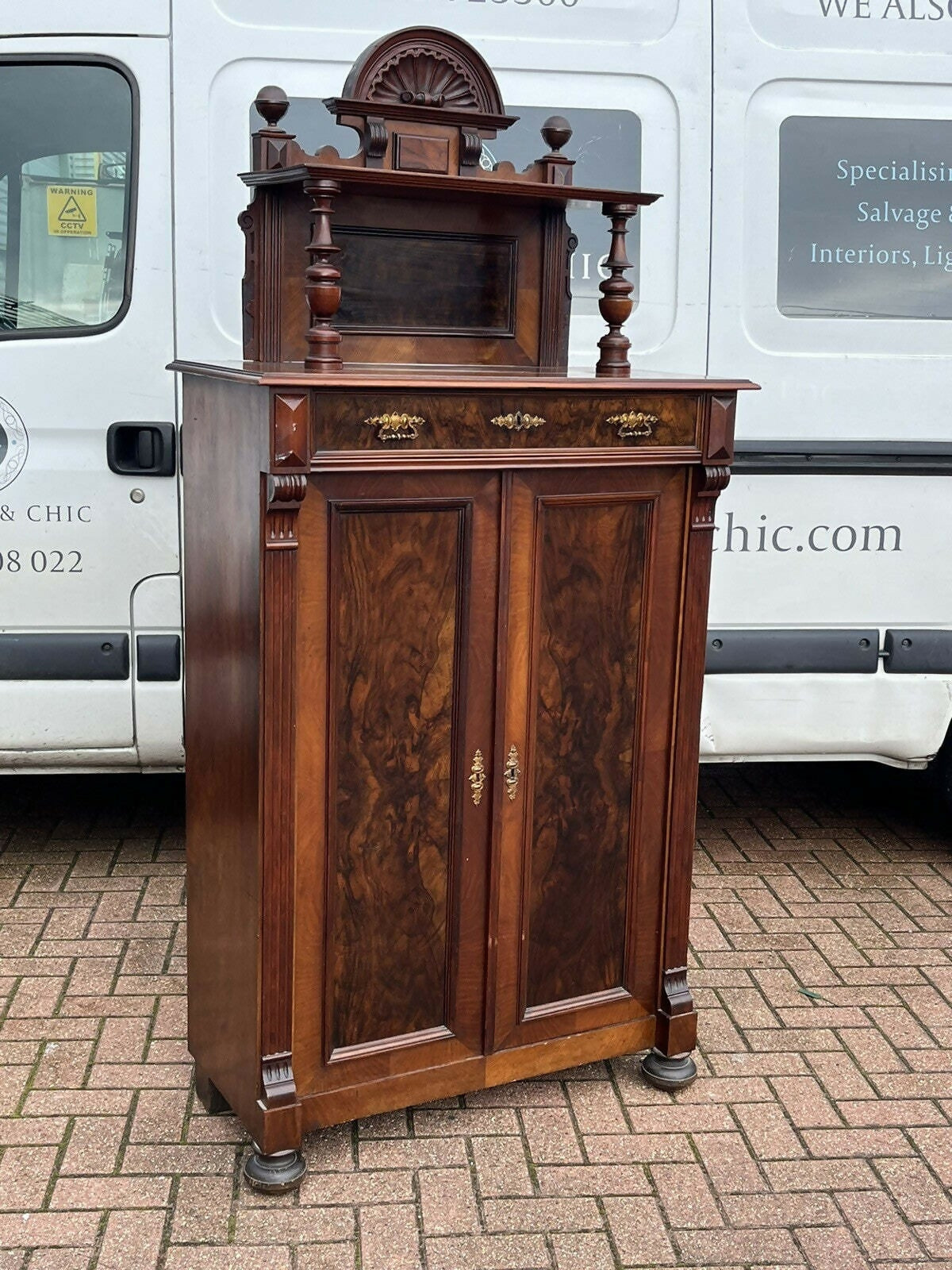 Vintage Walnut Bookcase / Cupboard With Fitted Shelves & Drawer
