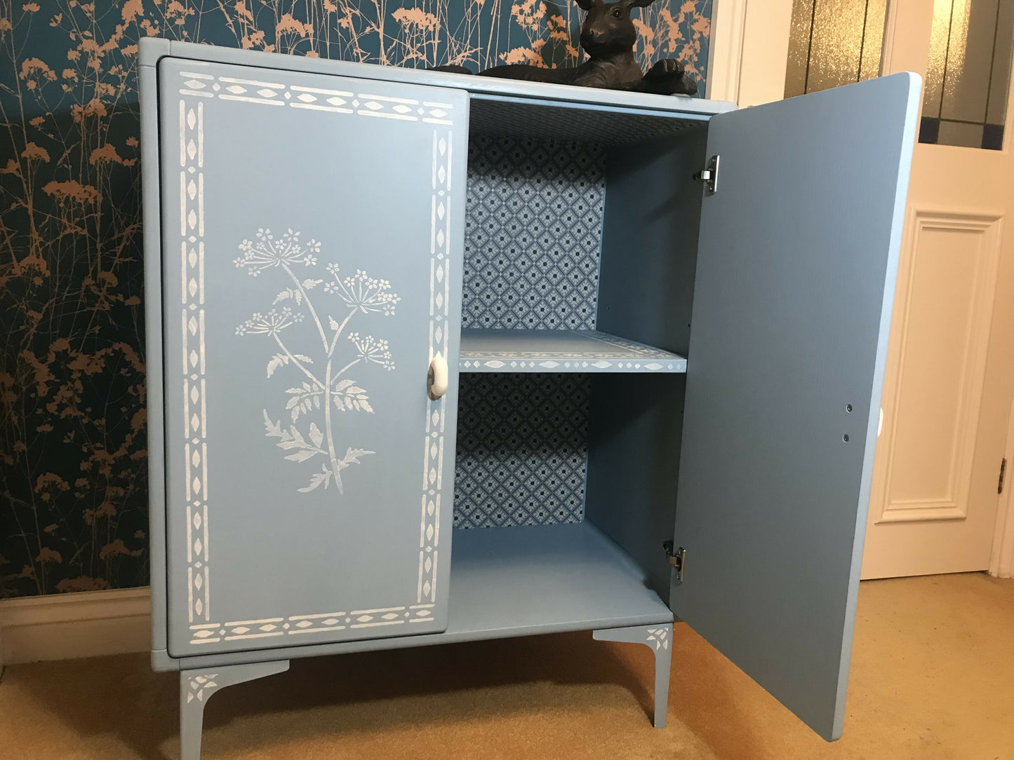 Painted Cupboard - Swedish Blue with Faux Bone Stencilling