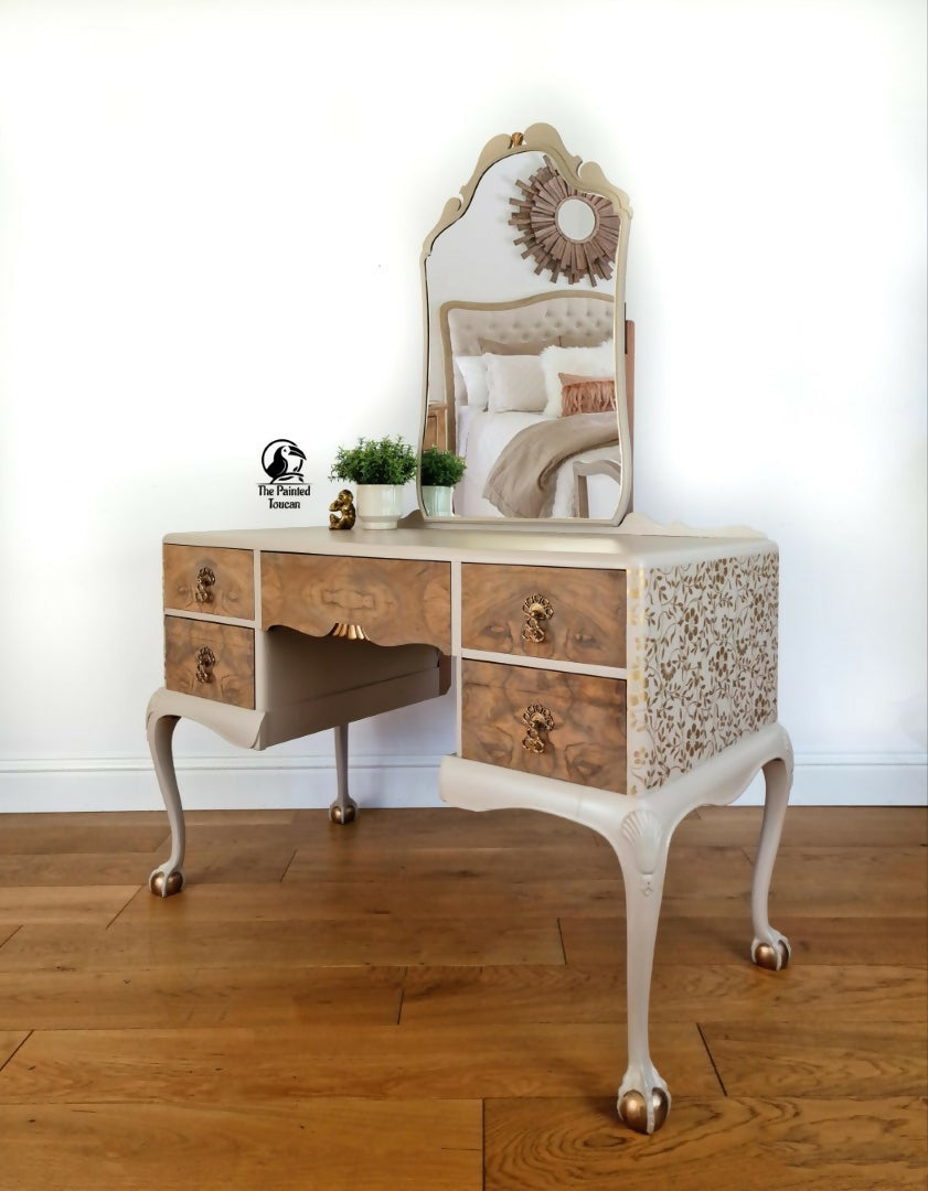 Vintage Taupe Dressing Table with Mirror and Queen Anne legs