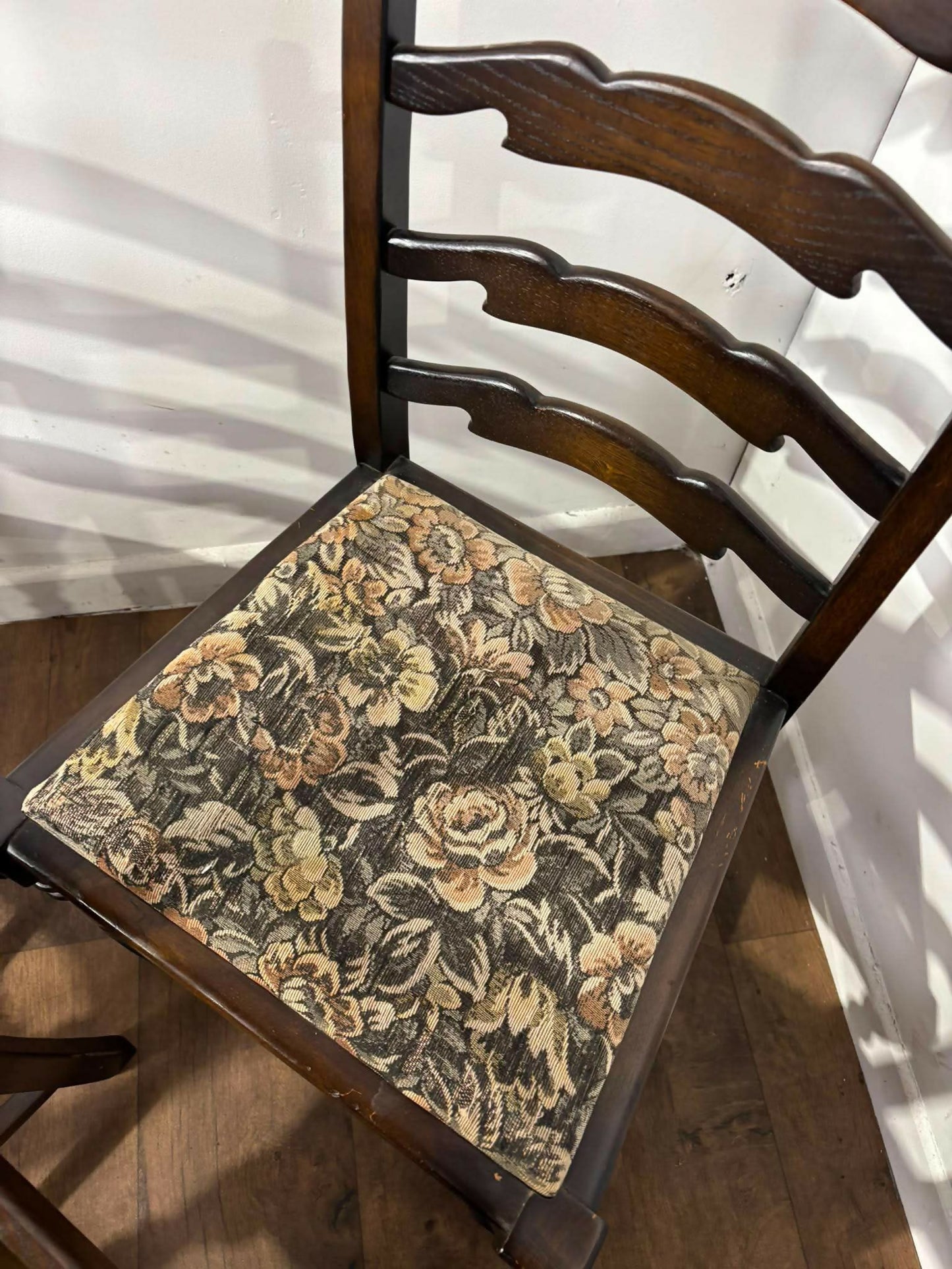 Vintage Set of Seven Oak Ladder Back Dining Chairs Including Carver Chair