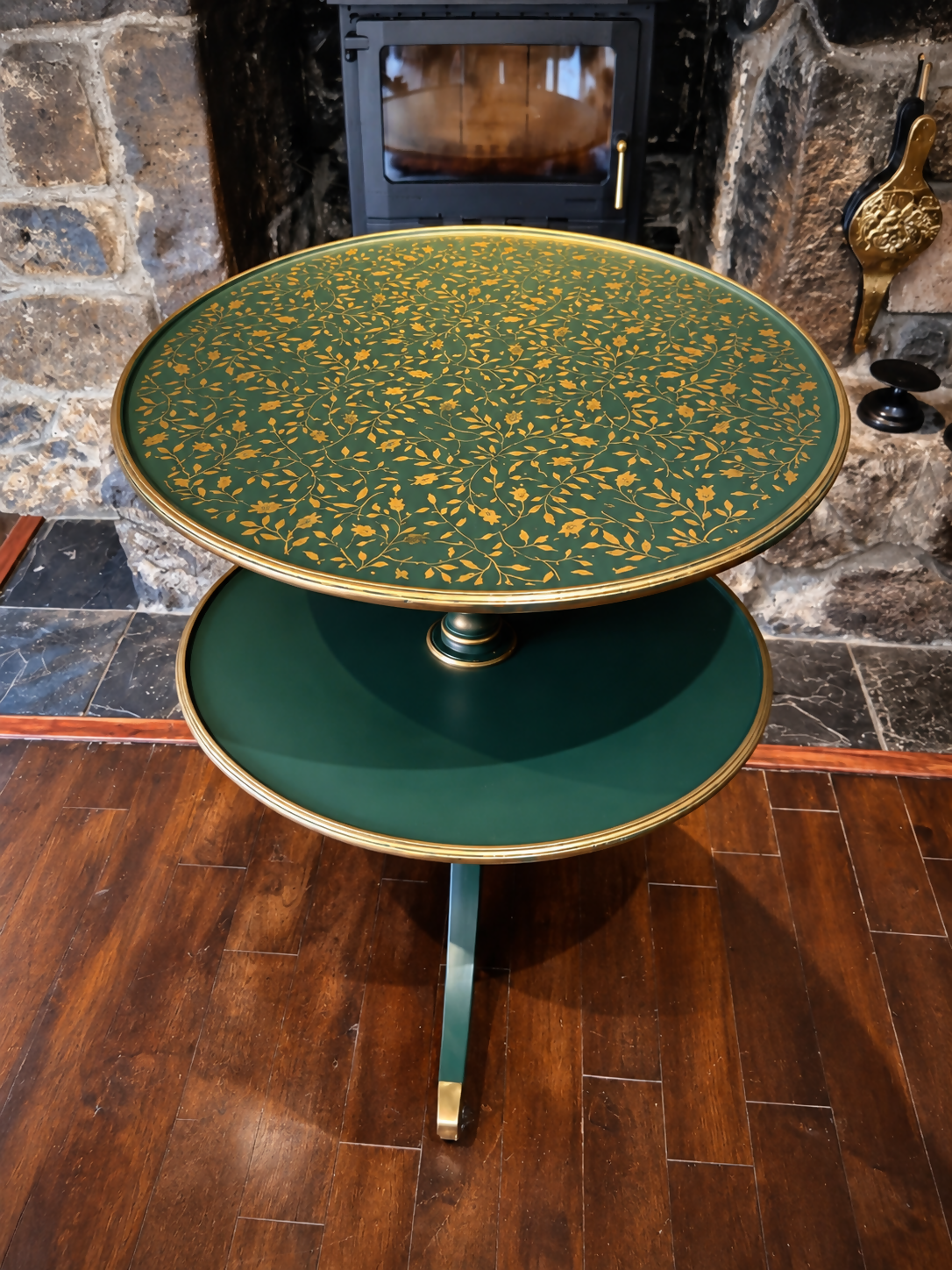 Vintage Two Tier Revolving Dumb Waiter Round Side Table In Green & Gold