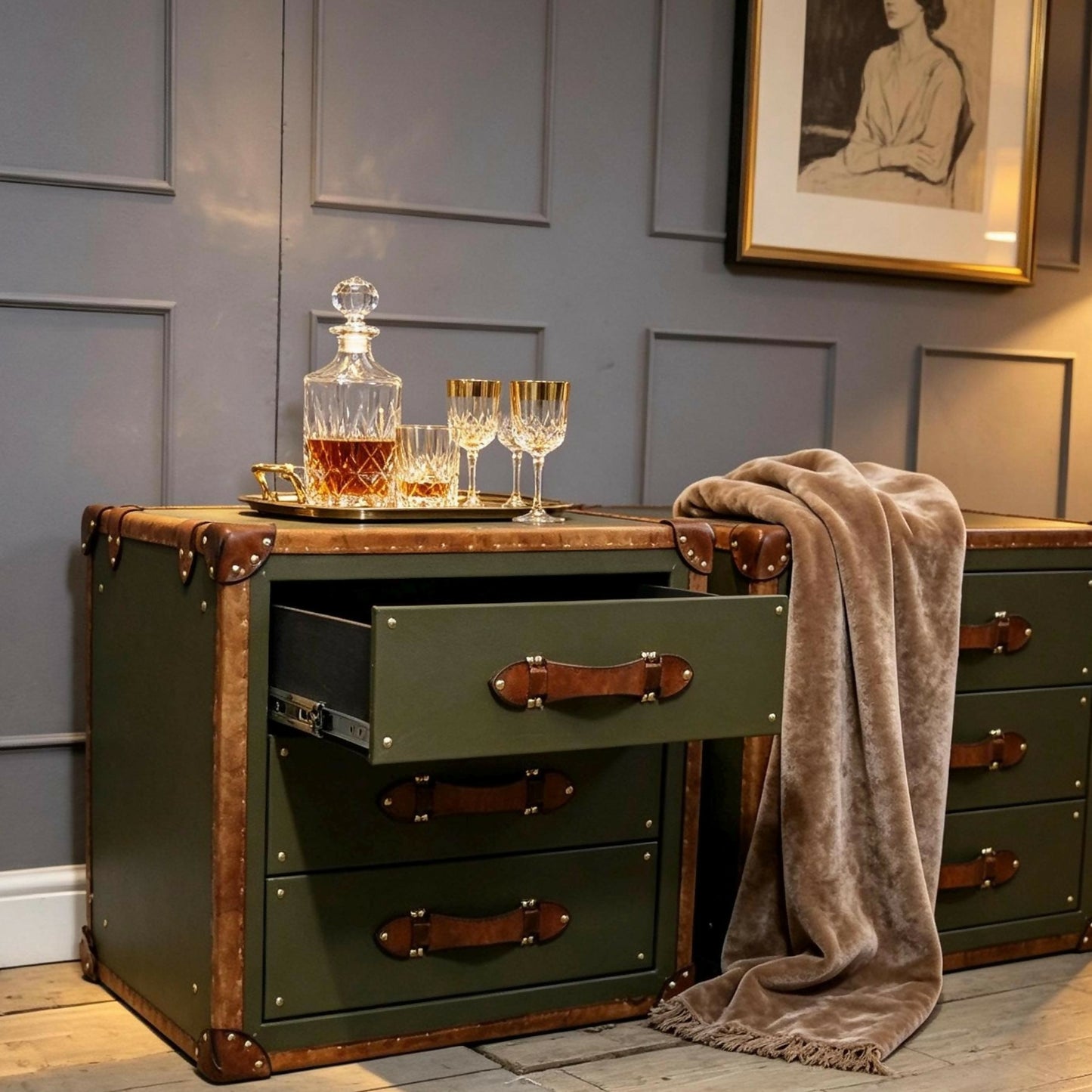 English luxury leather vintage nightstands | Olive green matching bedside tables | Hand dyed