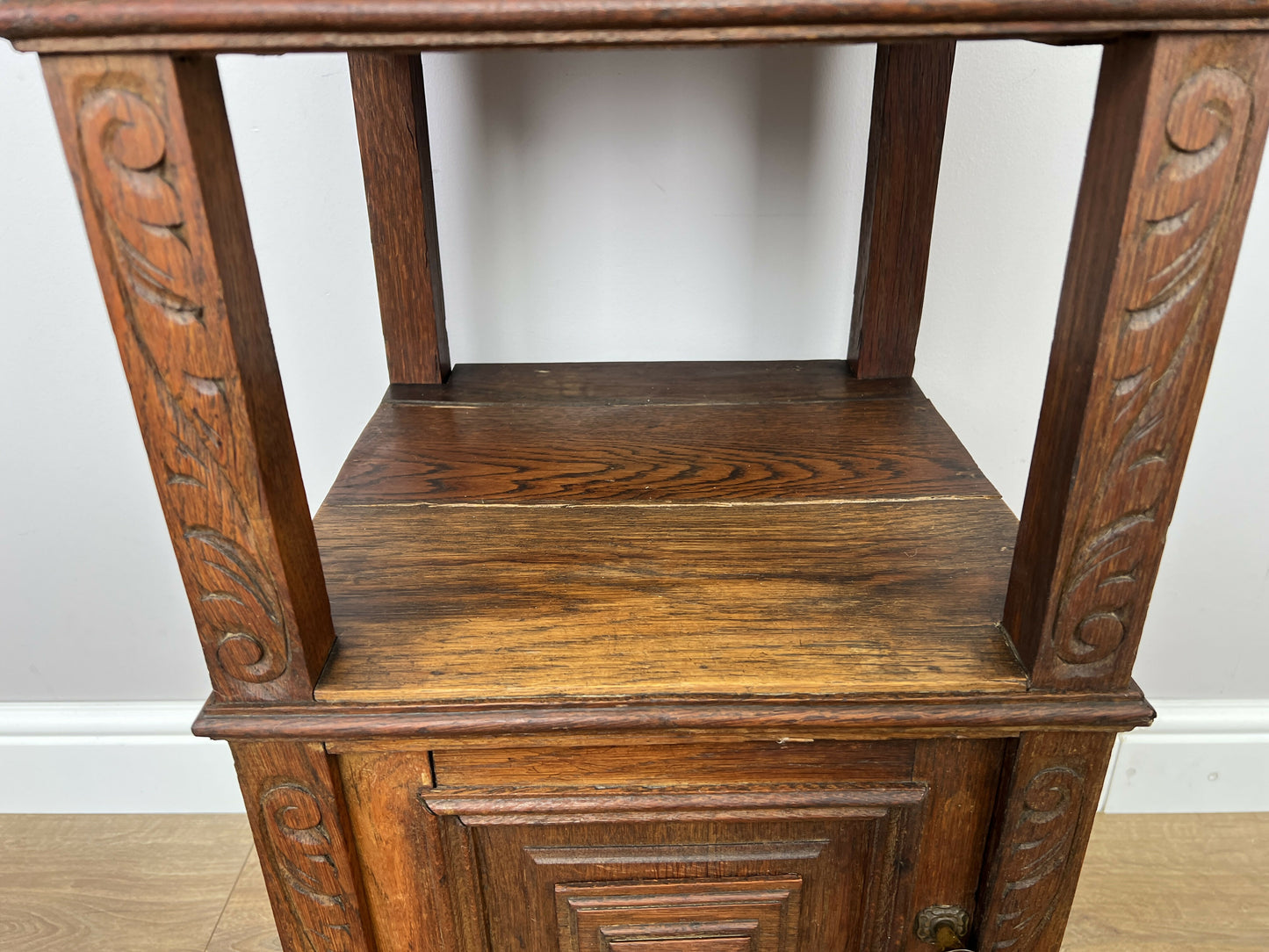 Bedside Table Antique French Marble Top Oak Cabinet Carved Cupboard LOT 6352
