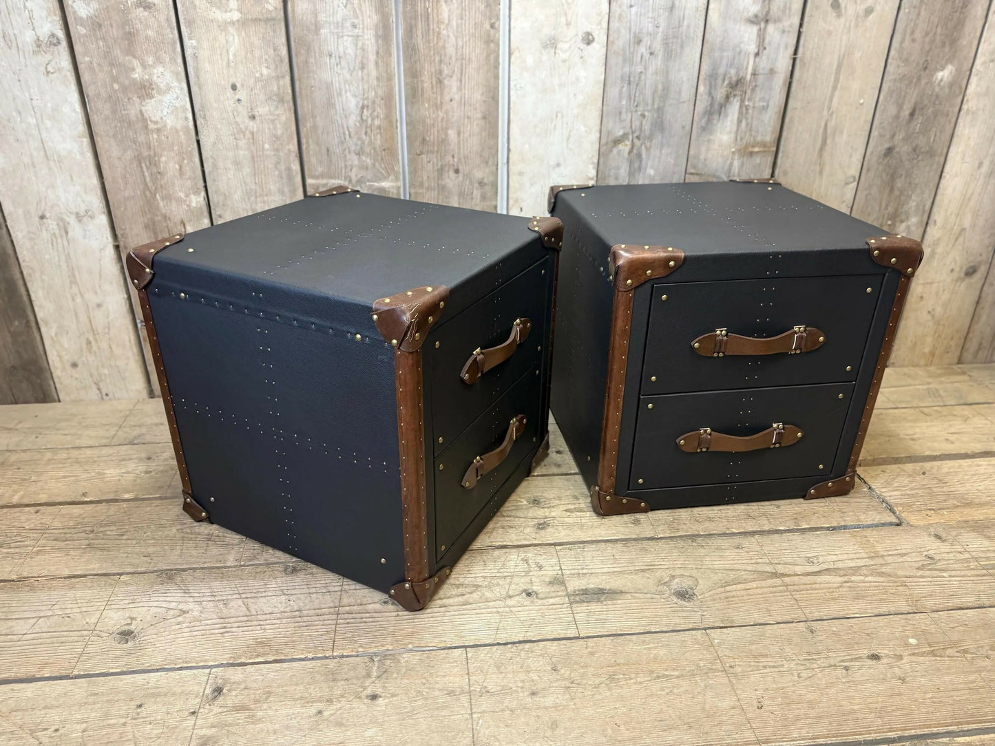Black Leather Brown Trimmed Handmade Luxury Bedroom End Tables