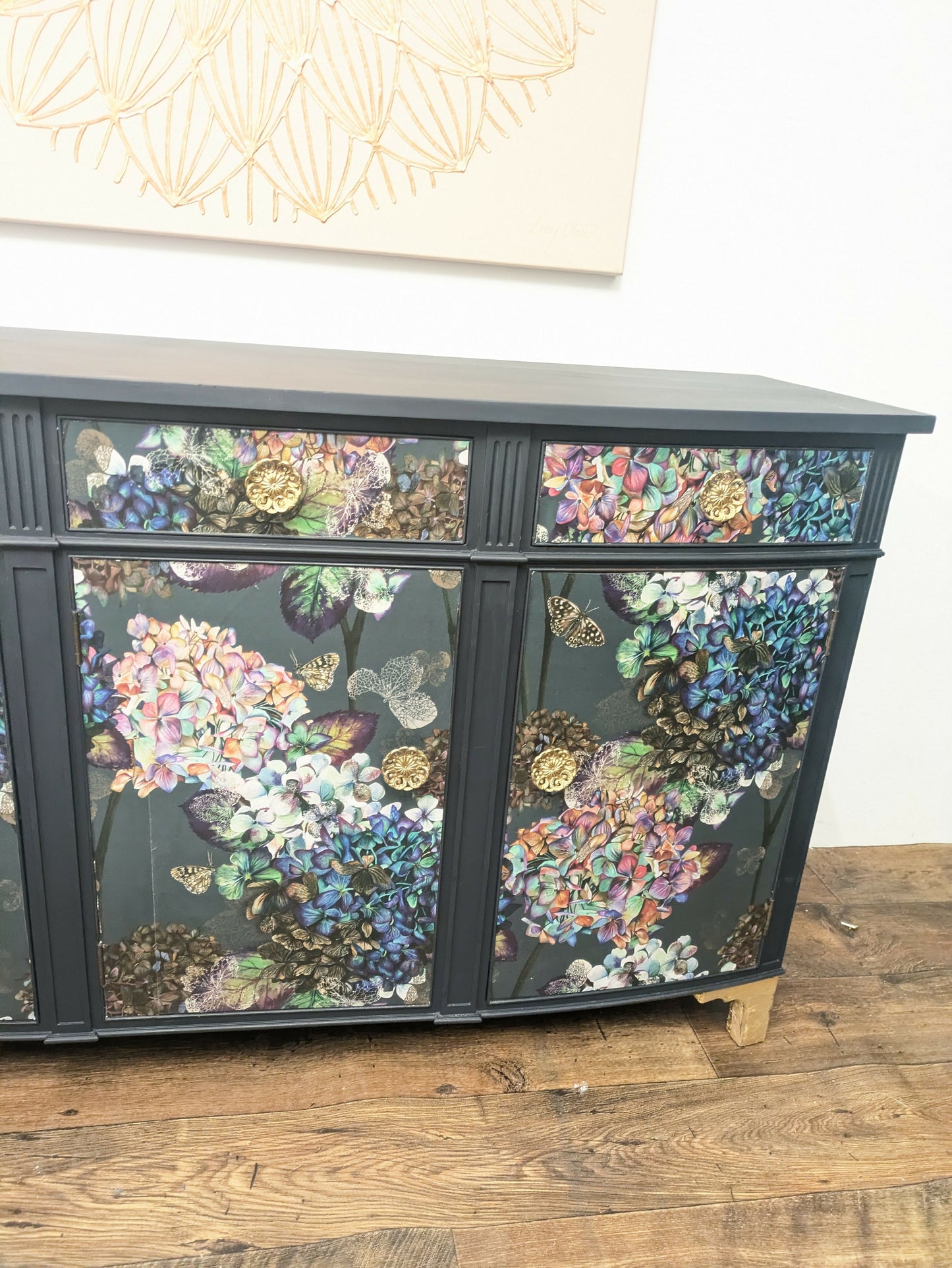 Vintage Curved Mahogany Sideboard Painted in Navy with Flower Butterfly Hydrangea Print