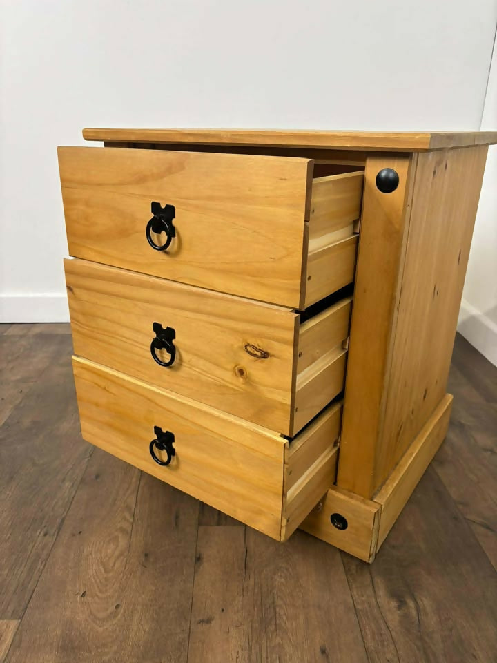 Mexican Pine Three Drawer Bedside Chest