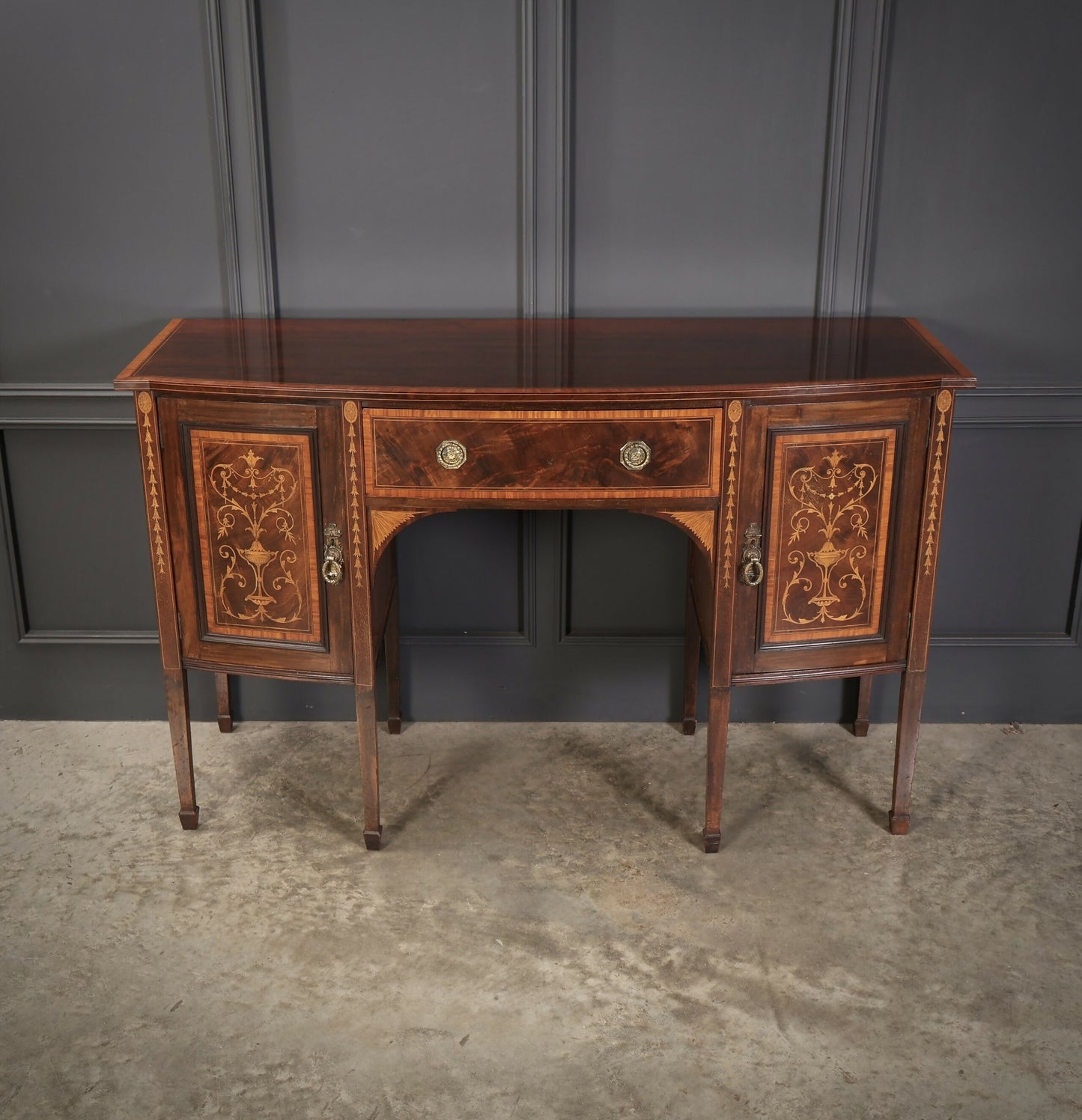 Marquetry Inlaid Mahogany Bow Front Antique Sideboard