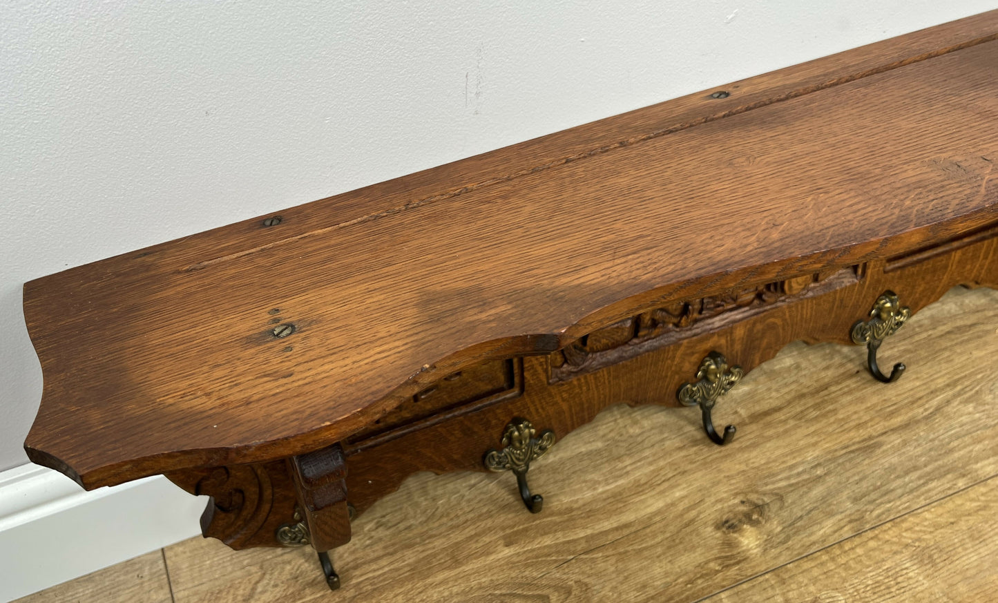 Coat Rack Vintage French Oak Wall Mounted 5 Hooks Carved Rack Hanger LOT 6303