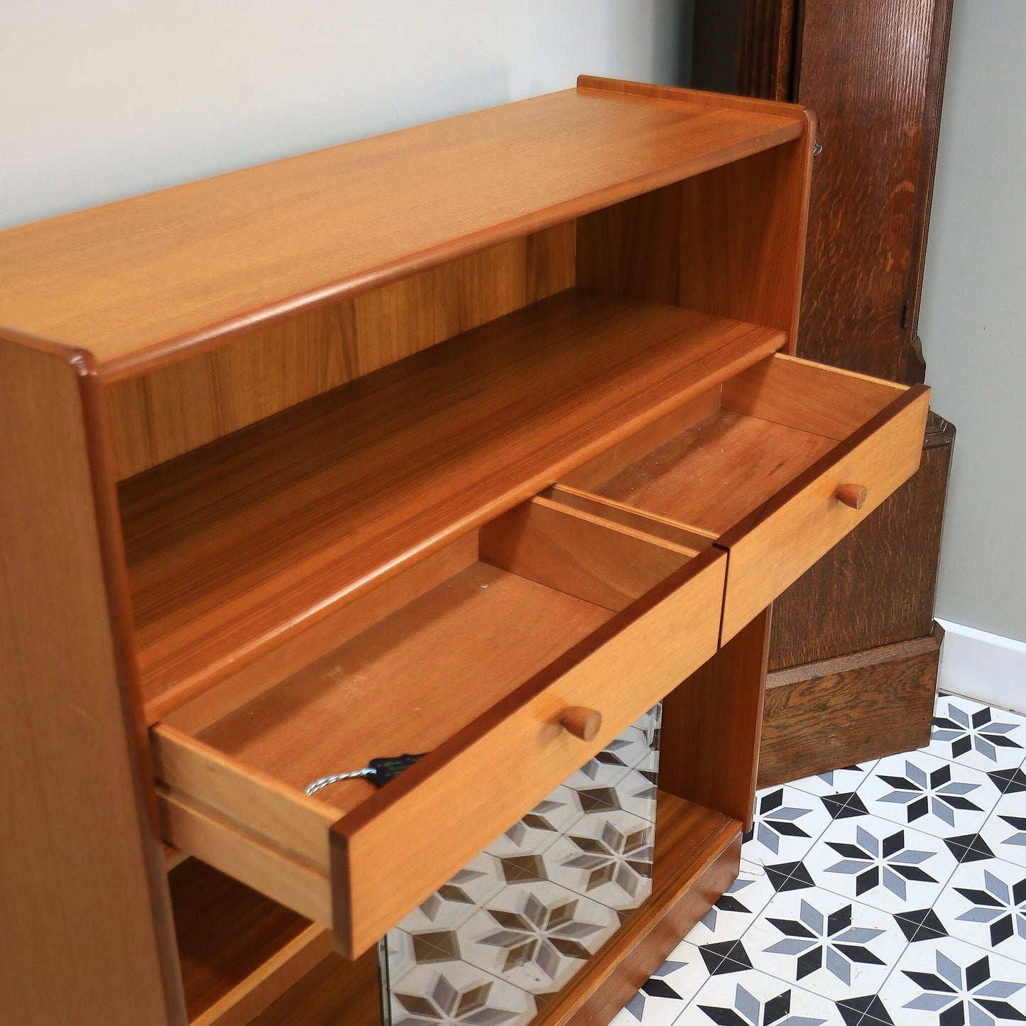 Nathan Teak Slimline Bookcase Wall Unit with Glass Doors and Two Drawers