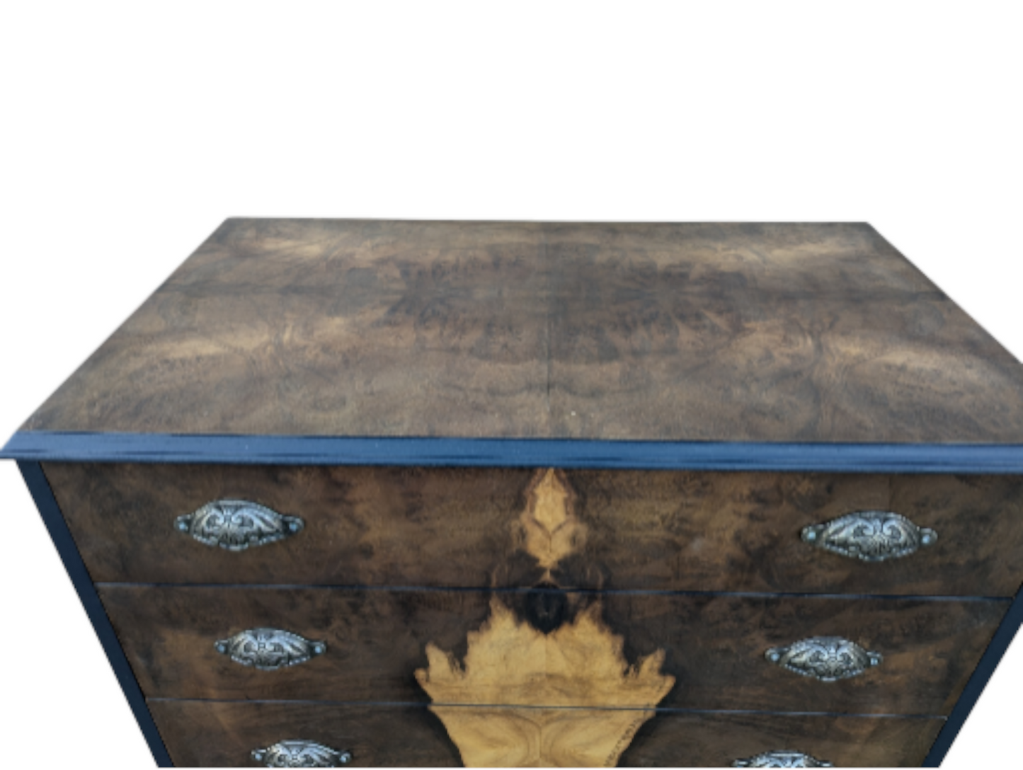Vintage art deco navy blue walnut burr wood chest of drawers tallboy