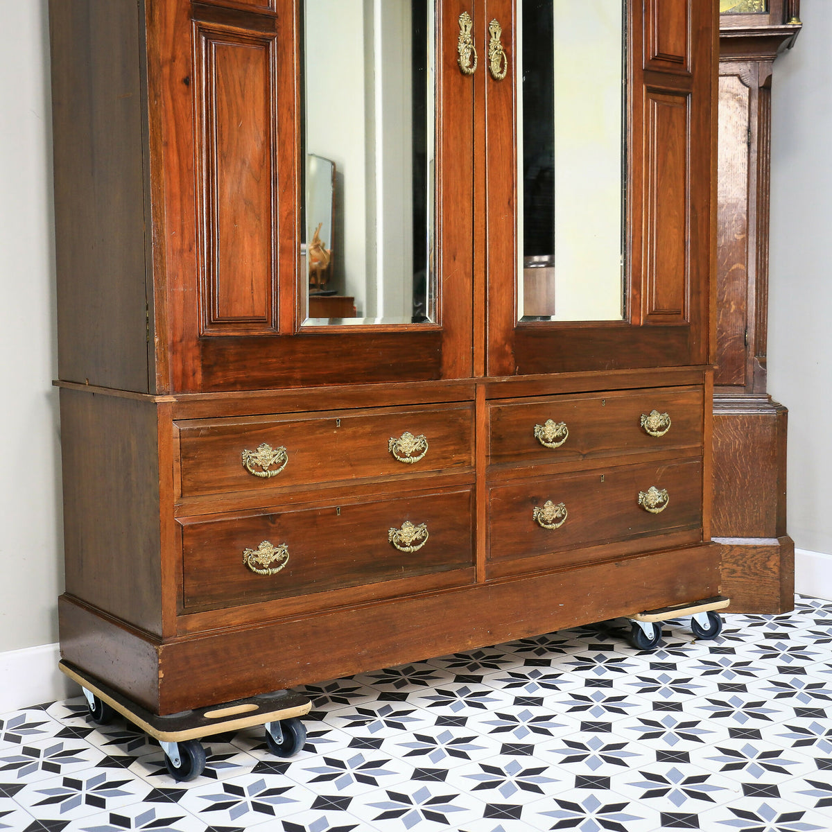 Antique Double Wardrobe Mirrored Doors and Graduated Drawers Late Victorian
