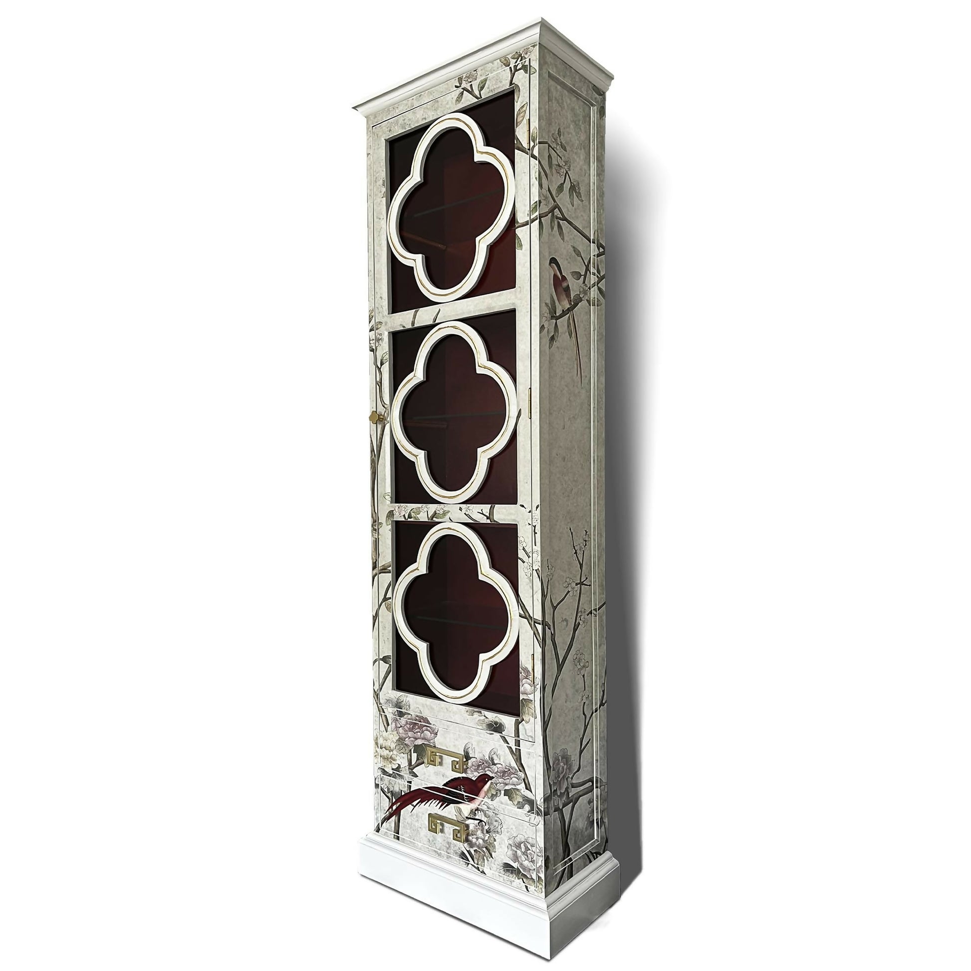 Vintage tall chinoiserie display acbinet with chinese blossom