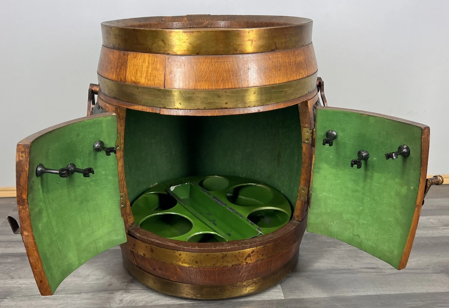 Drink Cabinet Vintage French Style Oak Brass Trim Barrel Carved Storage LOT 3900