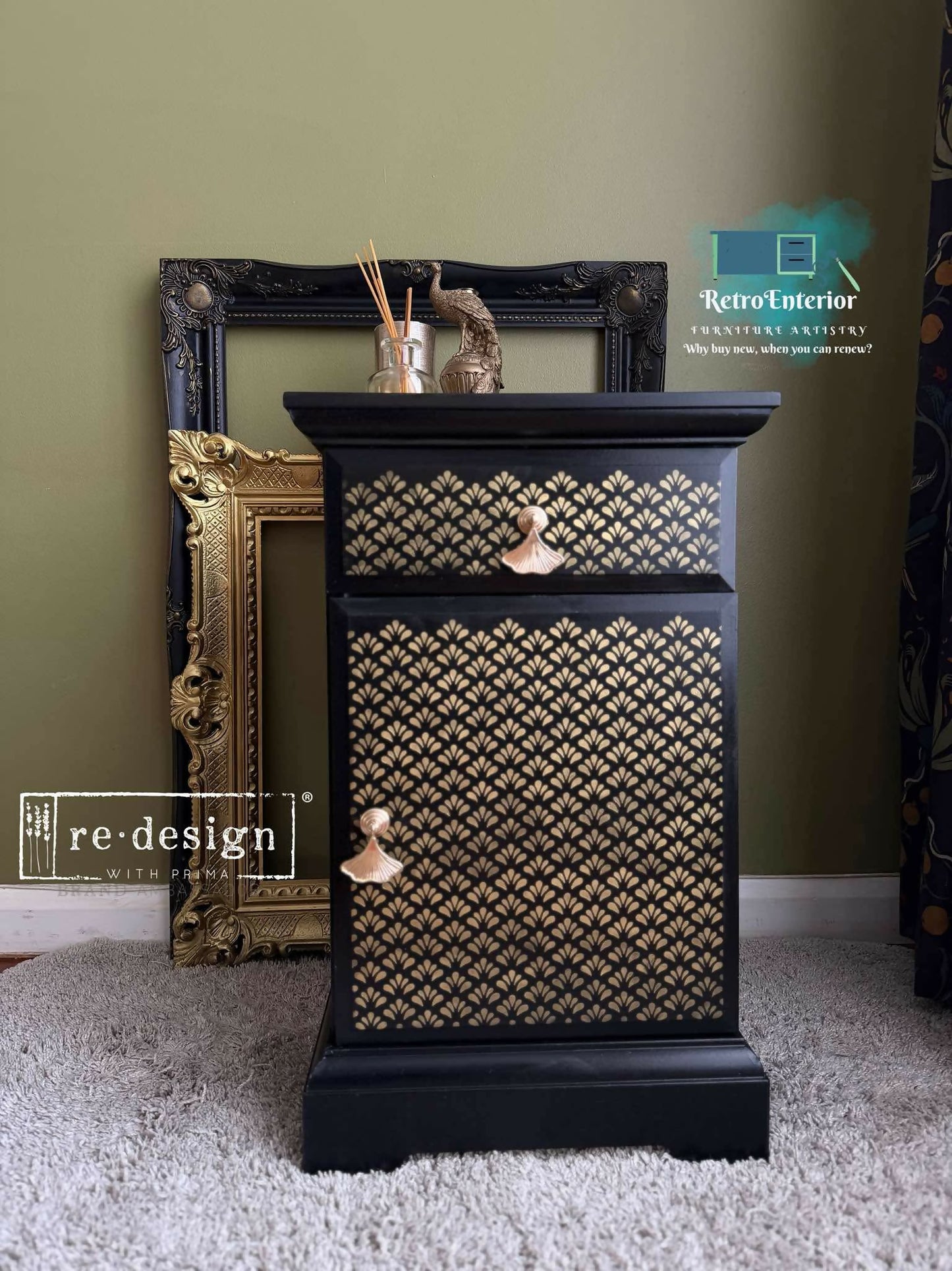 Black & Gold Peacock Bedside Table