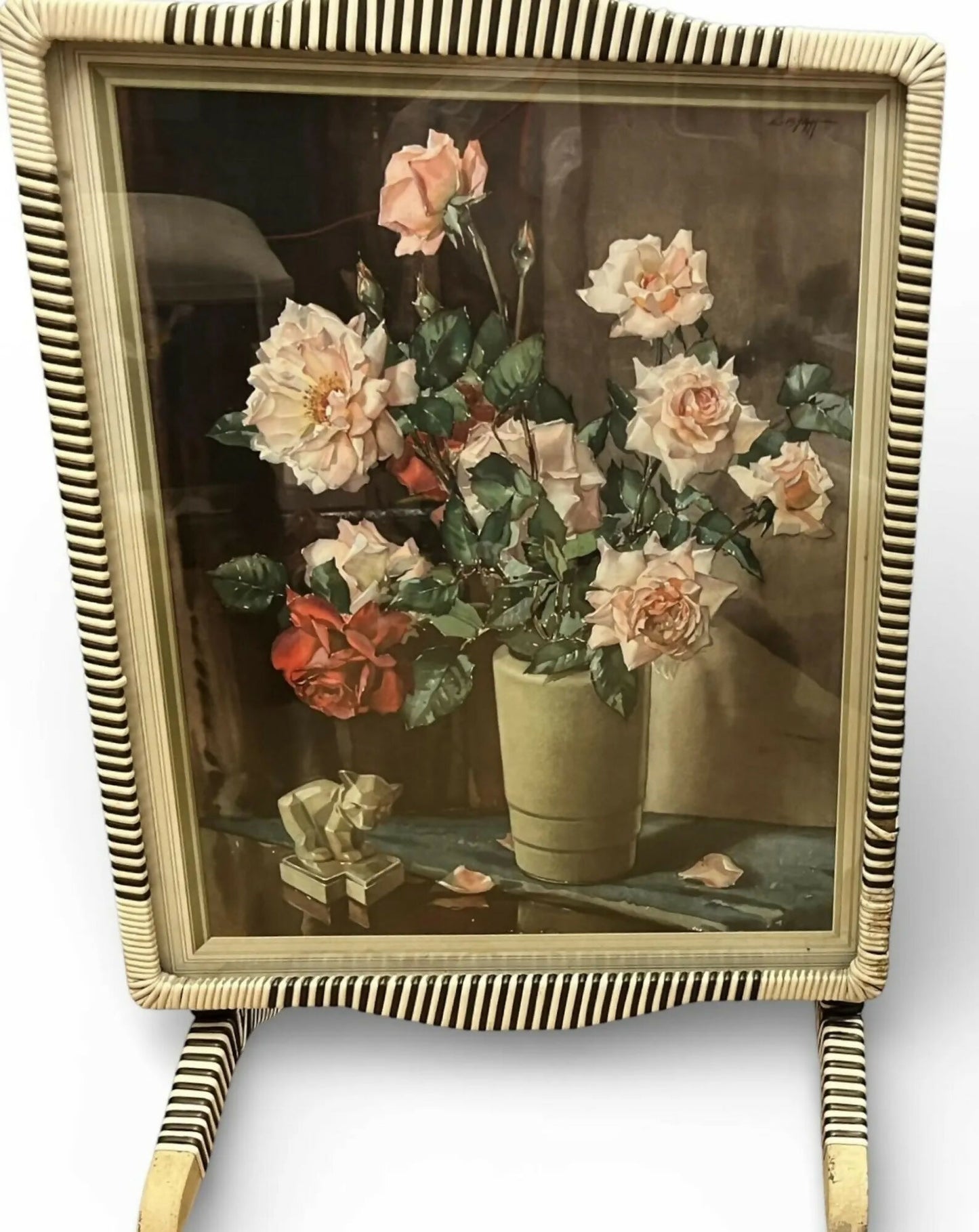 1950s firescreen table with lithograph, convertible fire screen, Edwin Byatt MCM