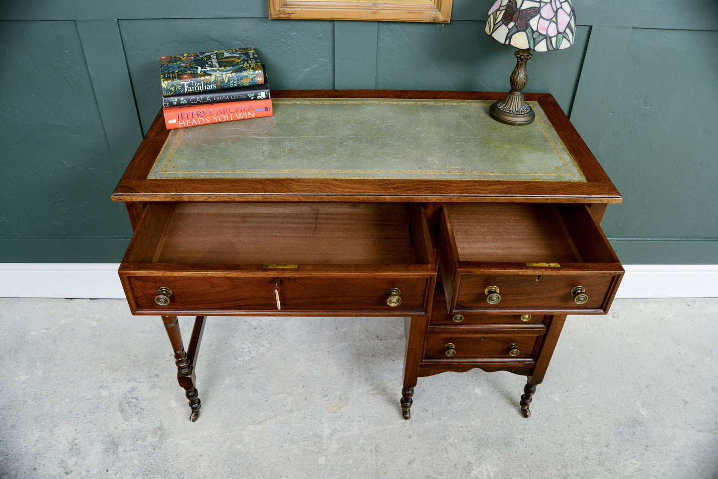 Edwardian Mahogany Writing Desk - Kneehole Desk with Green Leather