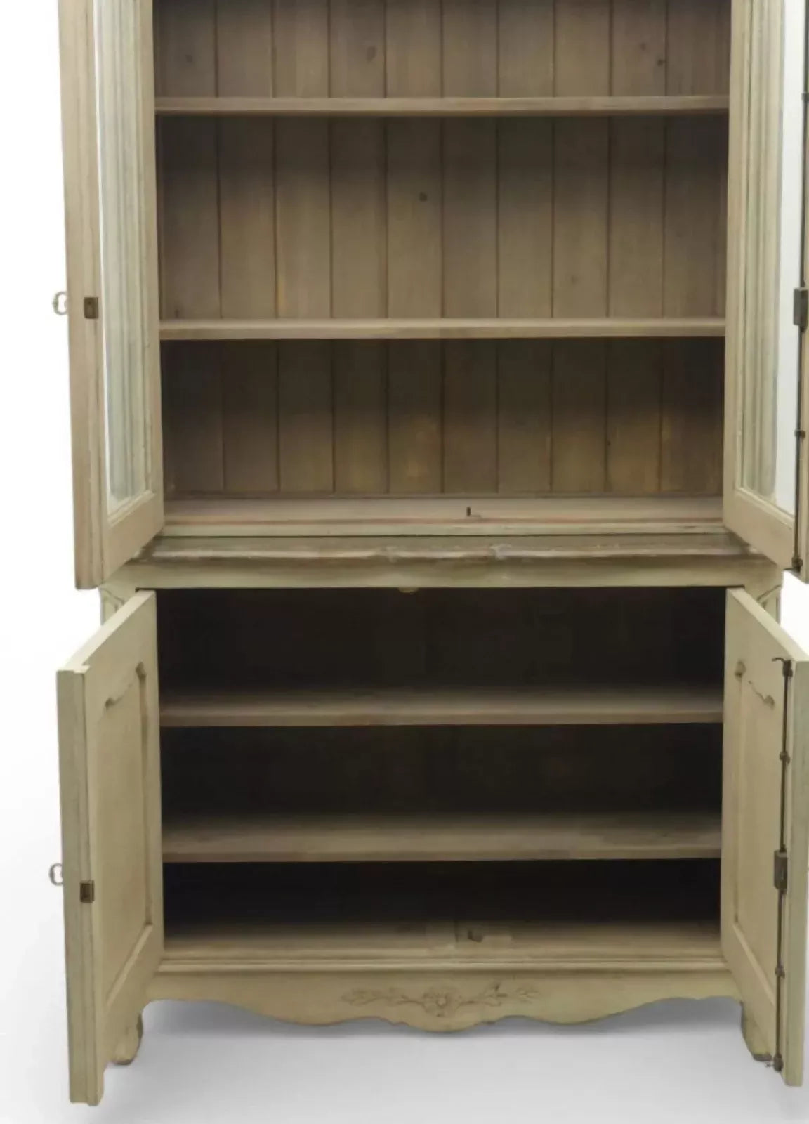 Vintage French Painted Pine display cabinet Glazed doors carving shelves cabrio