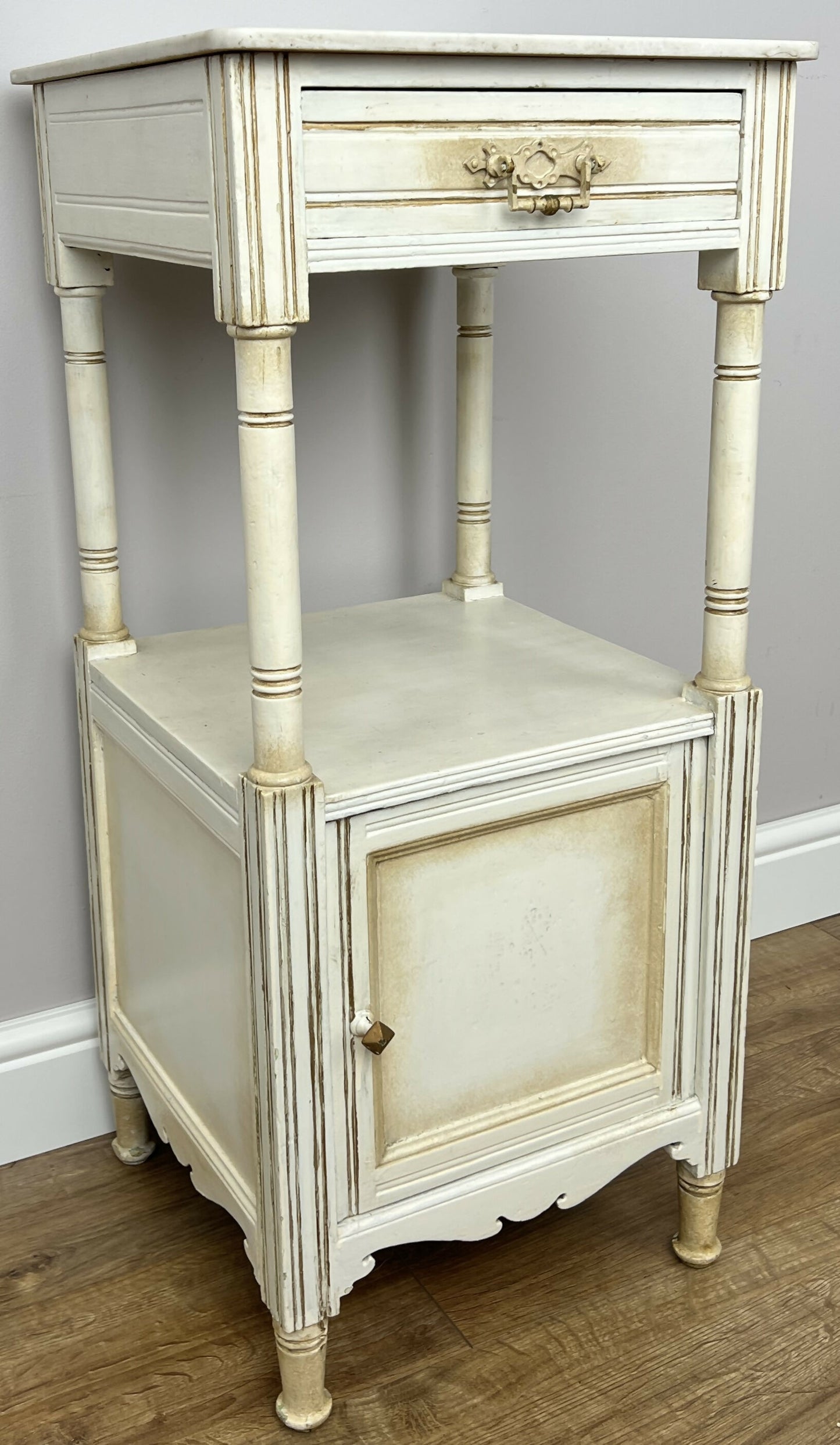 Bedside Table Antique French Style Marble Top Oak Cabinet Nightstand LOT 6224