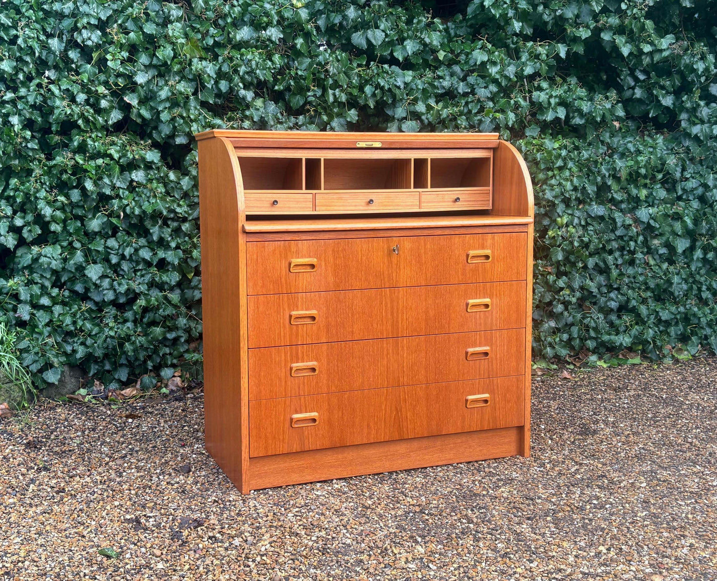 Mid Century Cylinder Top Bureau In Teak