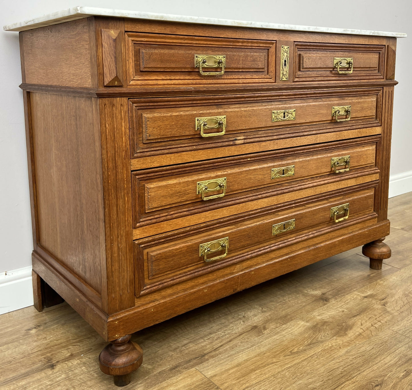 Chest of Drawers Antique French Style Oak Marble Top Carved Cabinet LOT 6448