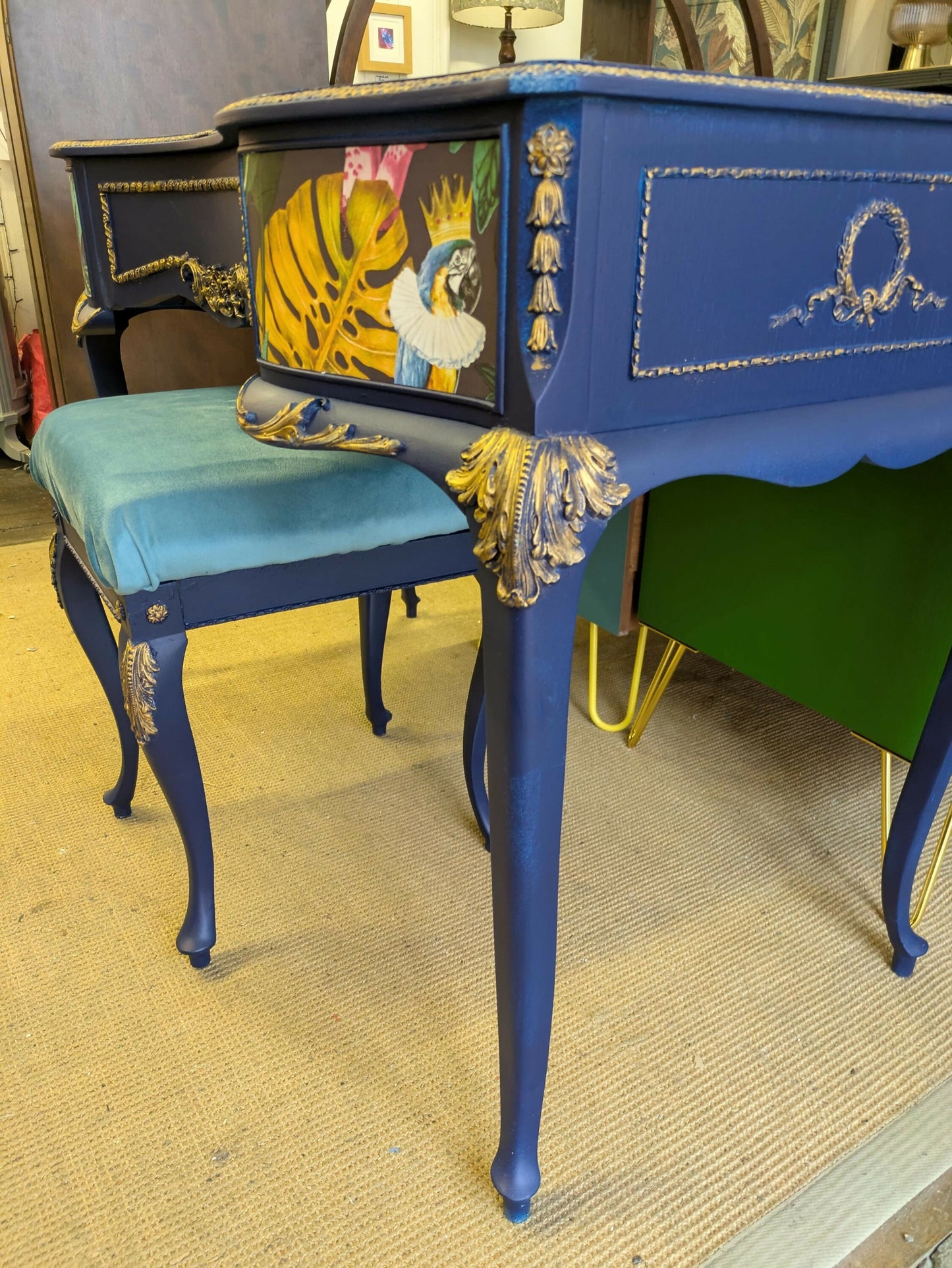 Vintage French Dressing Table, Desk Bedroom Office. Painted Furniture. Upcycled Navy Blue Gold Tropical Bird Commission Piece