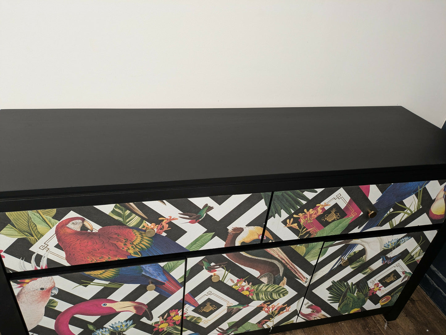 Solid Oak Vintage Sideboard Upcycled Painted Black. Animal Bird Geometric Print