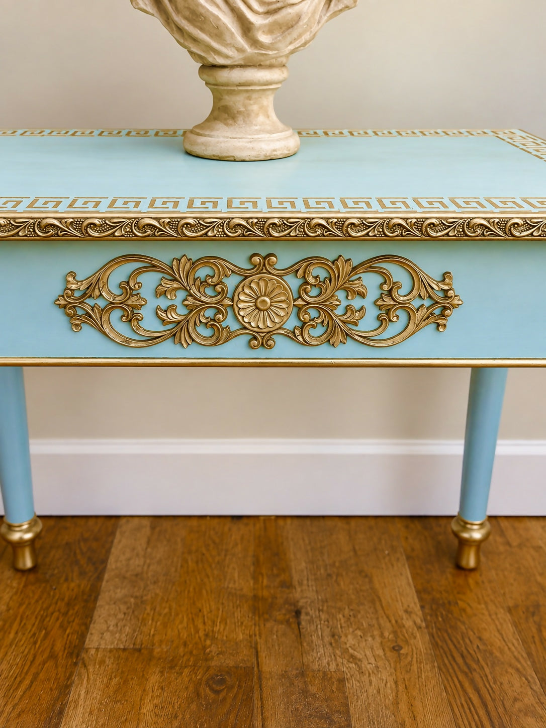 Neoclassical Grecian Console Table in Turquoise Blue & Gold Gilt